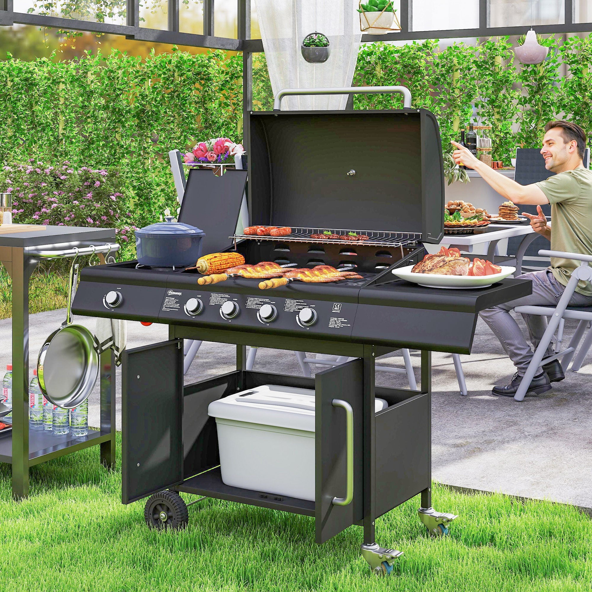 EasyComfort Barbecue a Gas with Fornello Laterale, Tavolino e Armadietto, in Acciaio e PP, 129.5x56x110 cm, black