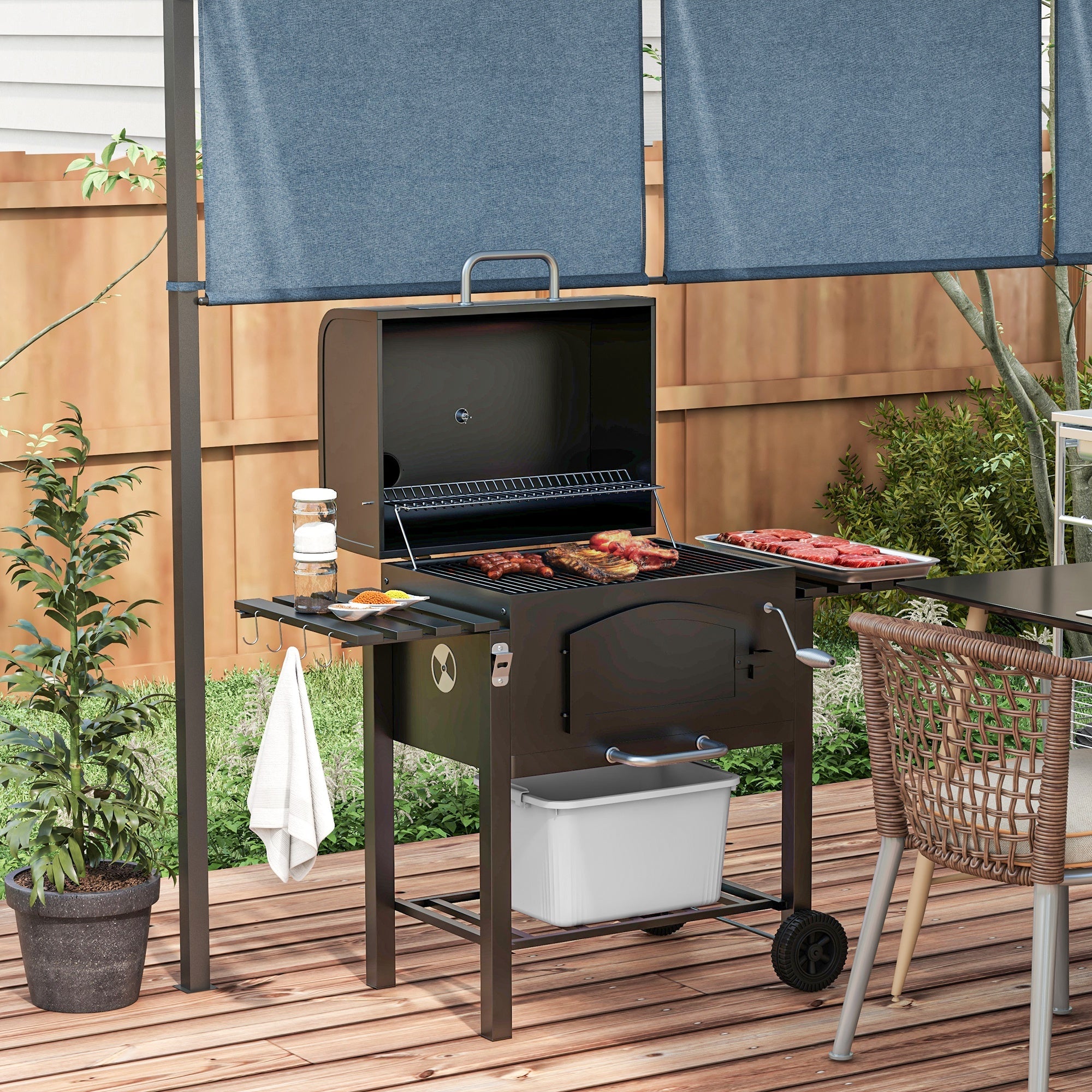 EasyComfort Barbecue da Giardino a 2 Ruote with Griglia, Affumicatore e Fornello, in Metallo e Ghisa, 124x66x112 cm, black
