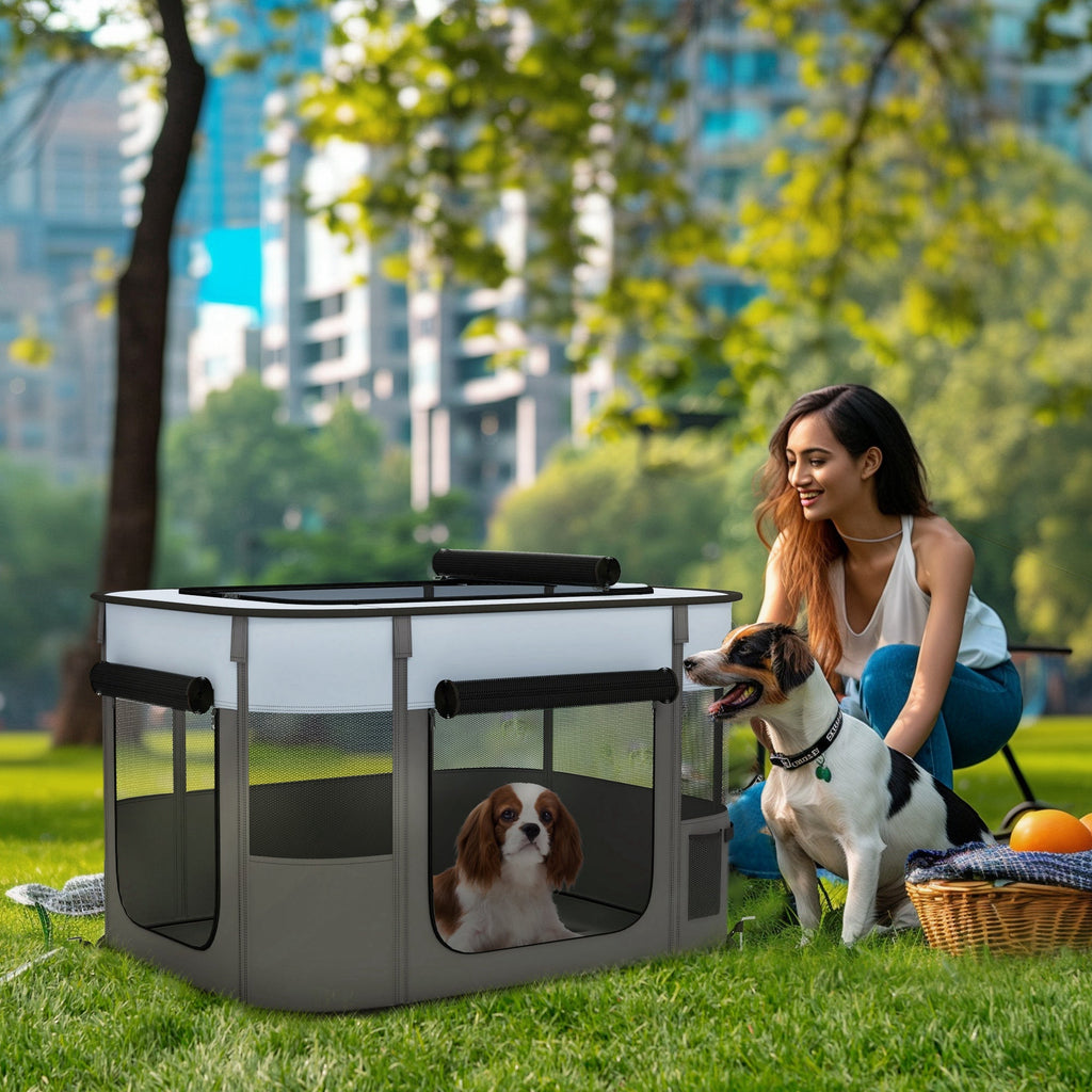 EasyComfort Box per Animali con 7 Finestre, 3 Porte e 2 Borse Portaoggetti, in Poliestere e Acciaio, 84x64x53 cm