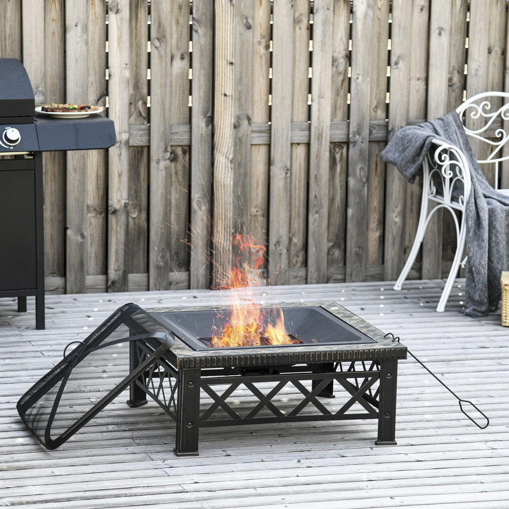 EASYCOMFORT Garden Brazier with Spark Arrestor Lid and Metal Barbecue Grill 76x76x47cm Black