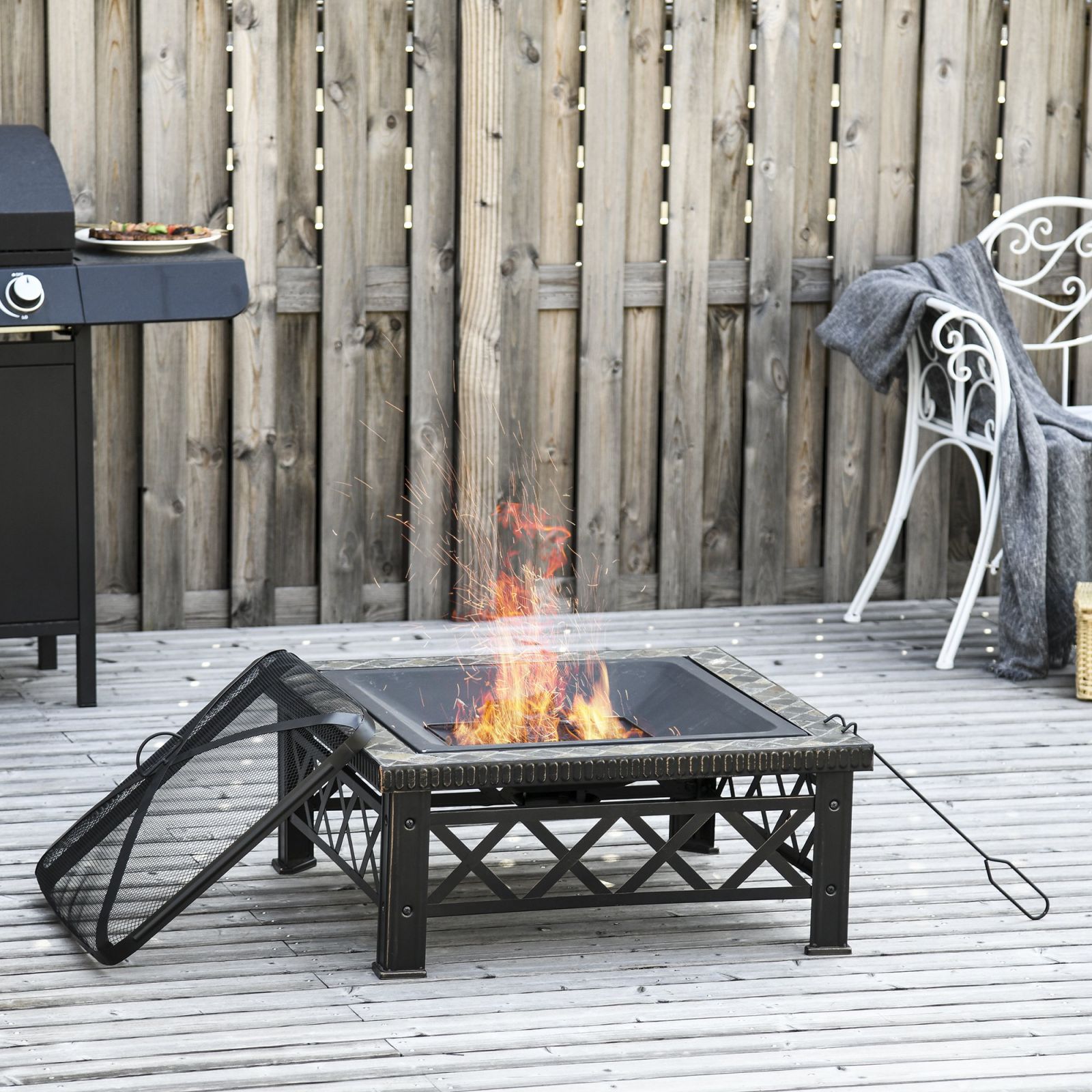 EASYCOMFORT Garden Brazier with Spark Arrestor Lid and Metal Barbecue Grill 76x76x47cm Black