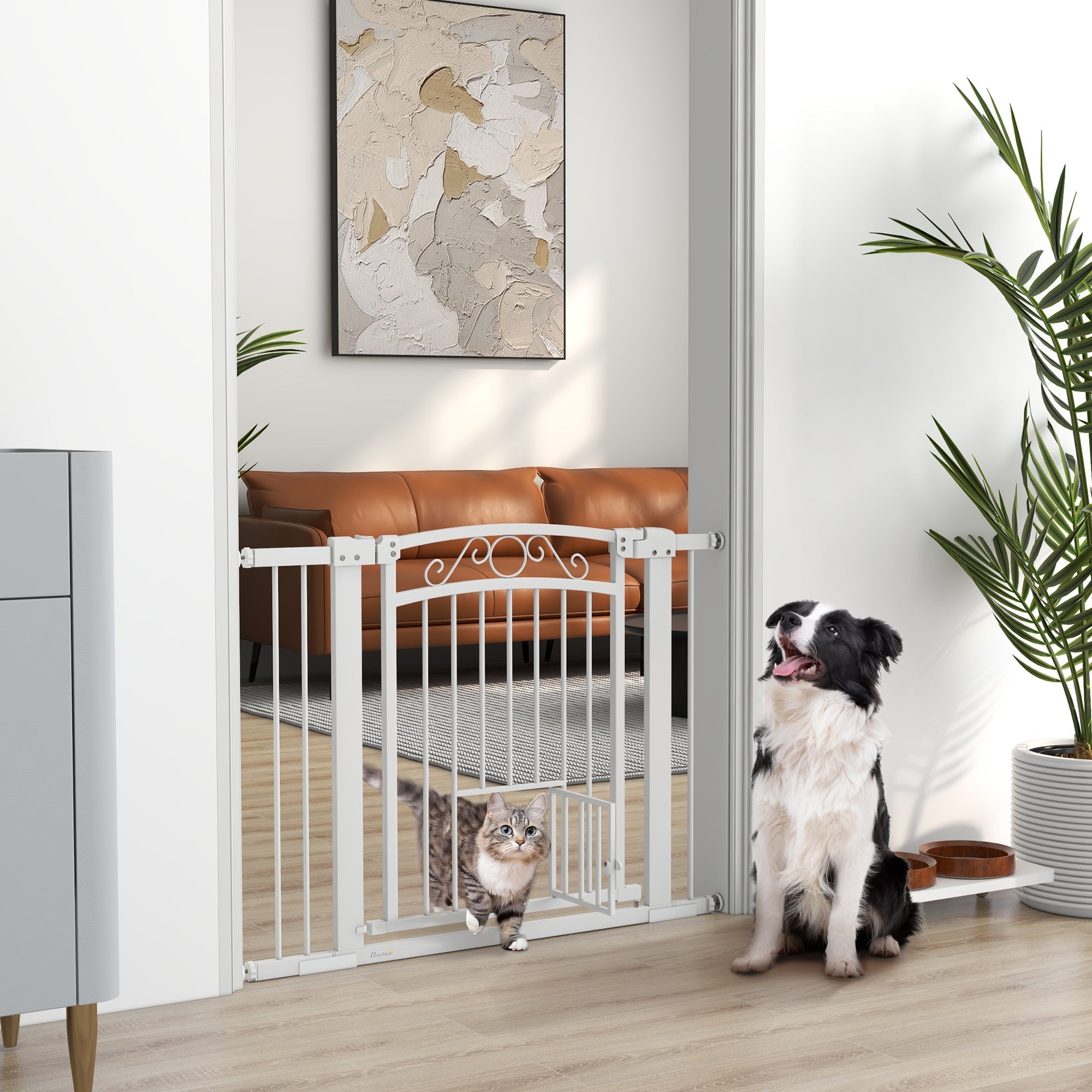 EasyComfort verstelbaar hondenhek met kattenluik 76-104 x 77 cm, wit