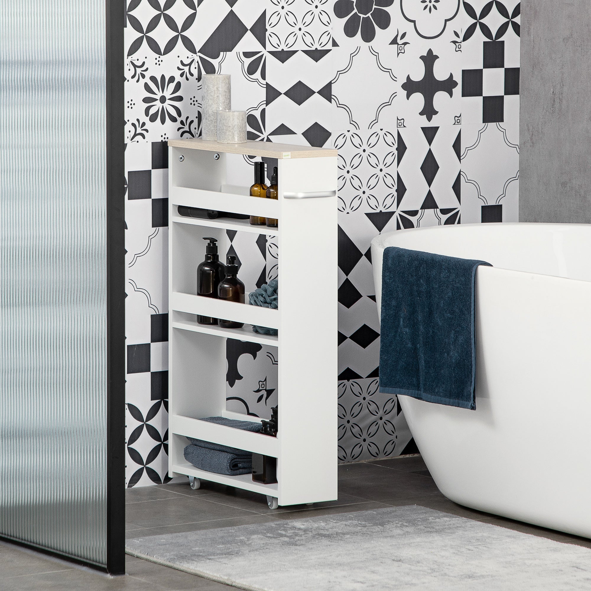 Easycomfort Carrello Bagno Salvaspazio a 3 Ripiani with Rotelle e Maniglia in Legno, 48x15x80cm, white