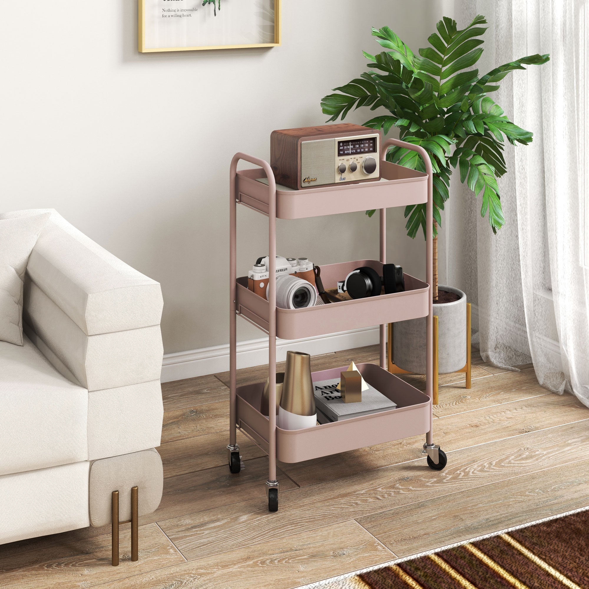 EasyComfort Keukentrolley 3 niveaus, staal, 45x30.6x79 cm, roze