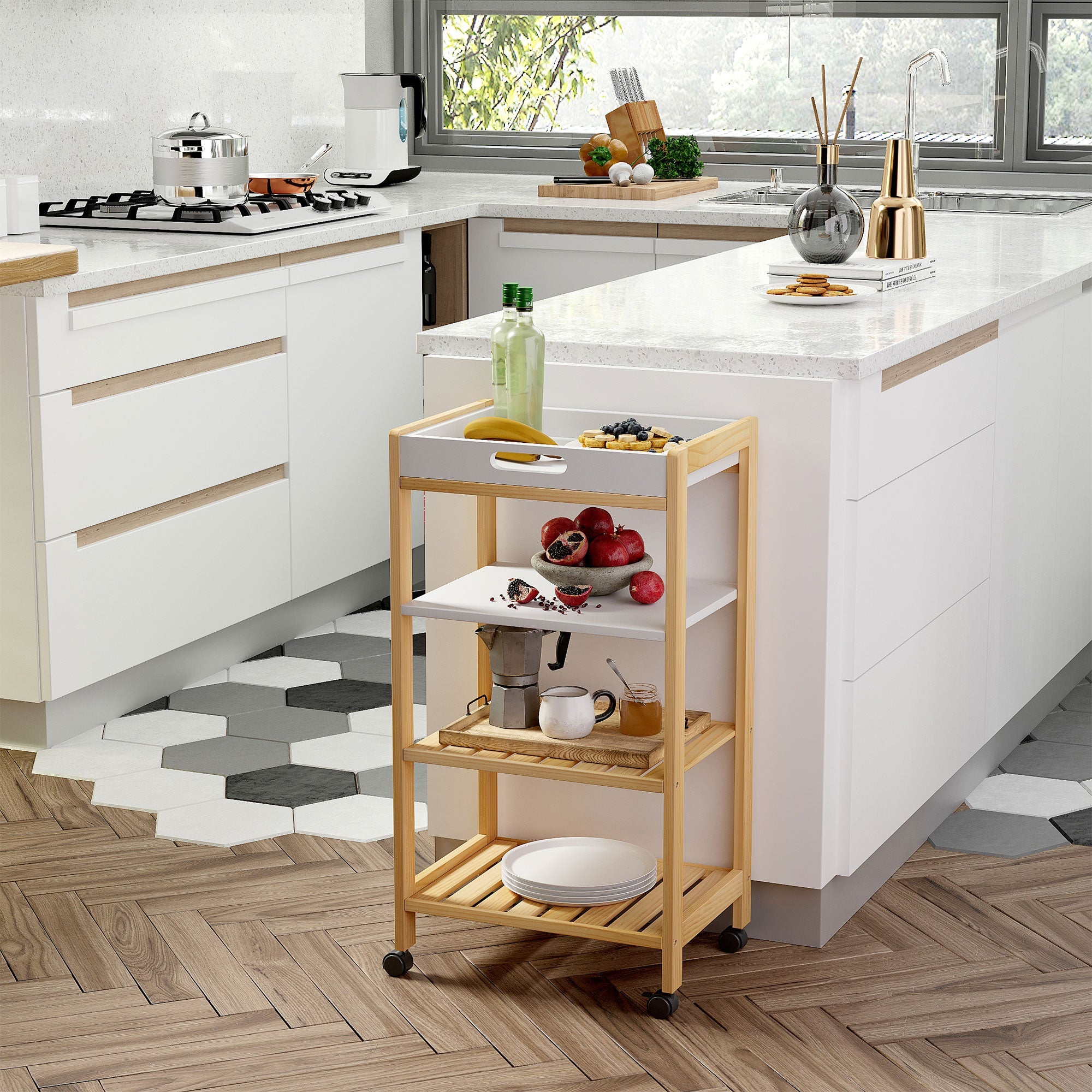 Easycomfort Carrello da Cucina a 4 Livelli in MDF e Legno di Pino with 4 Ruote Girevoli, 40x30x76 cm, white e Marrone