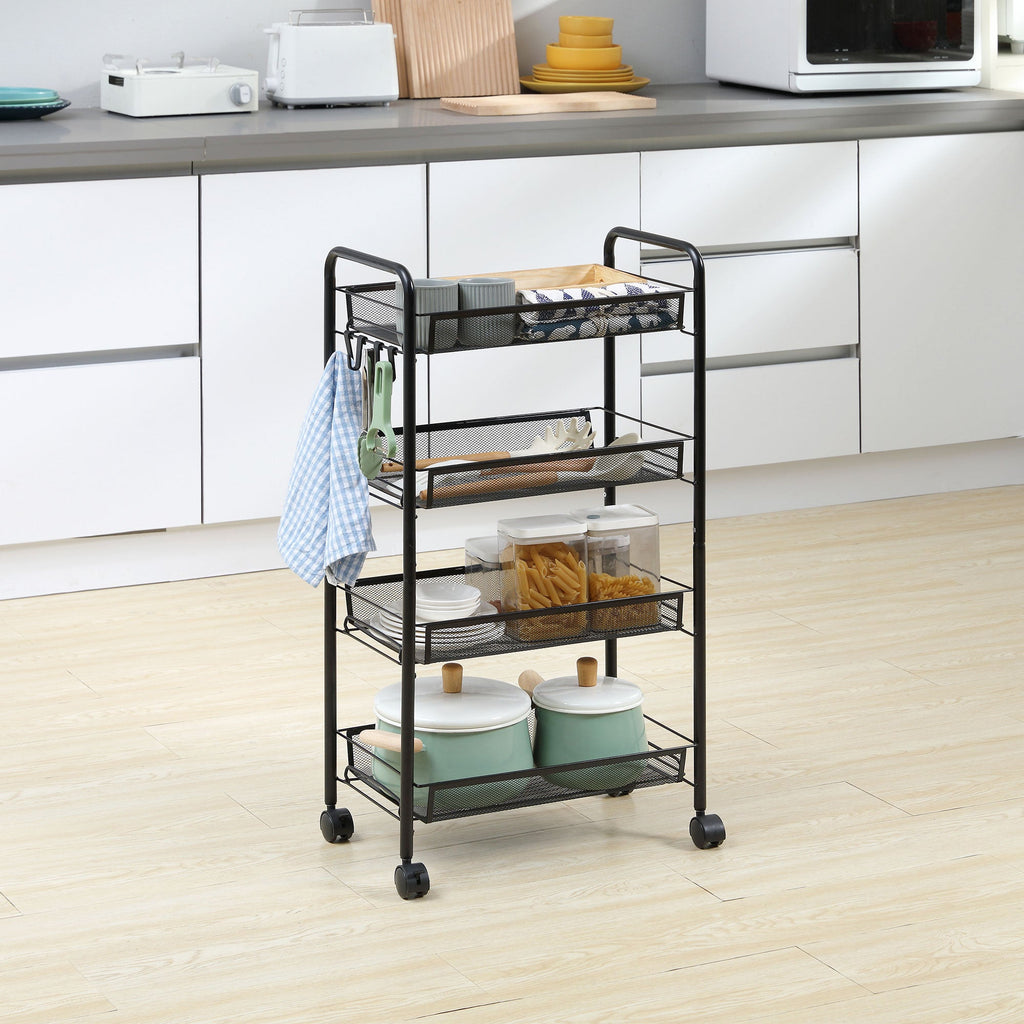 Easycomfort Carrello da Cucina a 4 Ripiani Rimovibili with 4 Ganci e Ruote, in Acciaio e Plastica PP, 45x26.5x84 cm, black