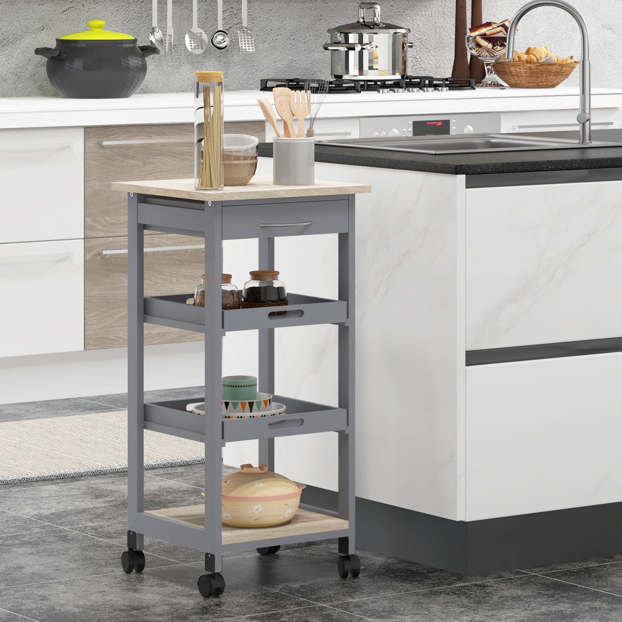 Easycomfort Carrello da Cucina with Cassetto, 2 Vassoi Estraibili e Ripiano Fisso, in Legno di Pino e MDF, 37x37x76 cm