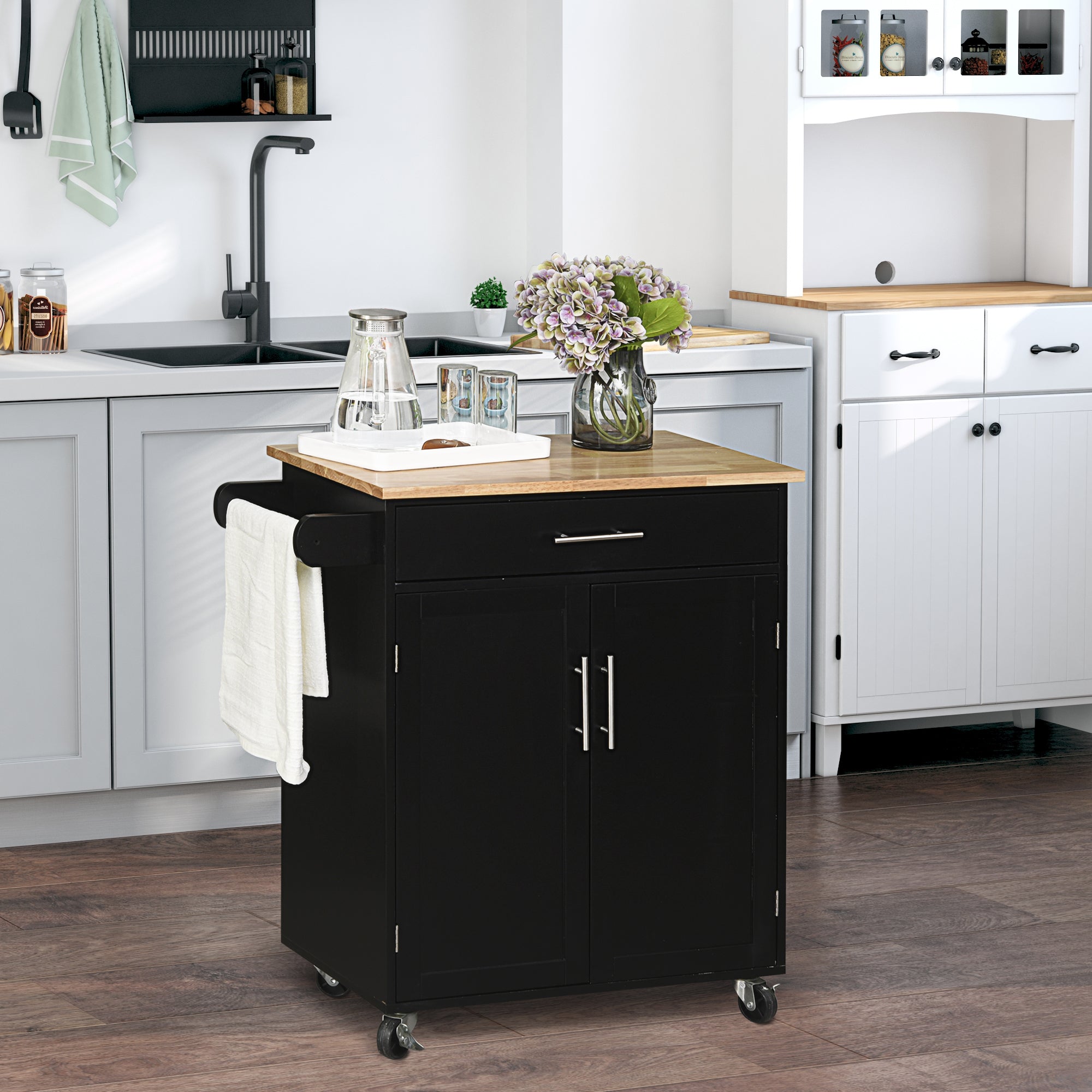 EasyComfort Keukentrolley met lade en 2-deurs kast, wielen en zijrail, 83x45x91.5cm, zwart