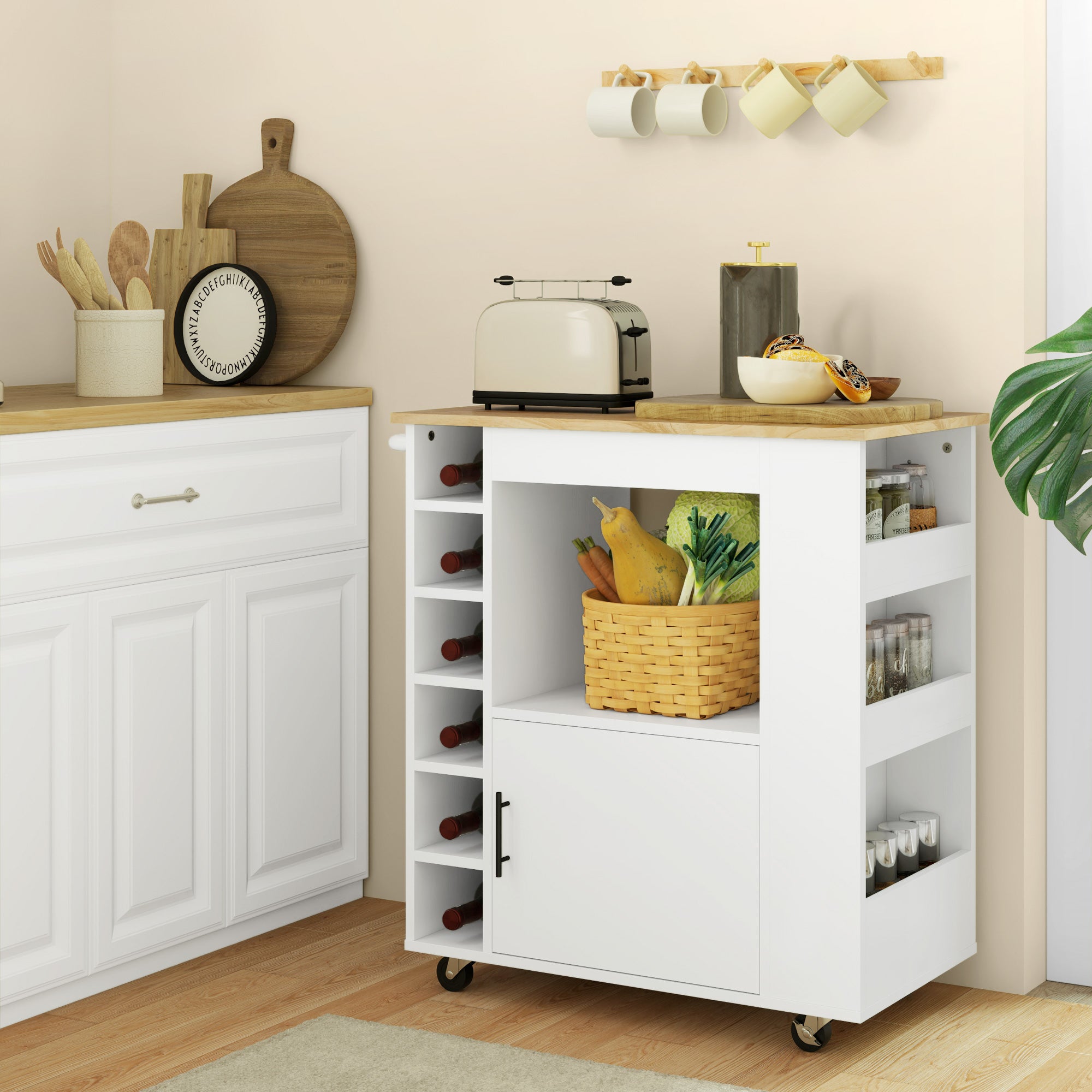 EasyComfort Carrello da Cucina with Ruote, Ripiani, Armadietto e Portabottiglie, 83x40x83 cm, Rovere