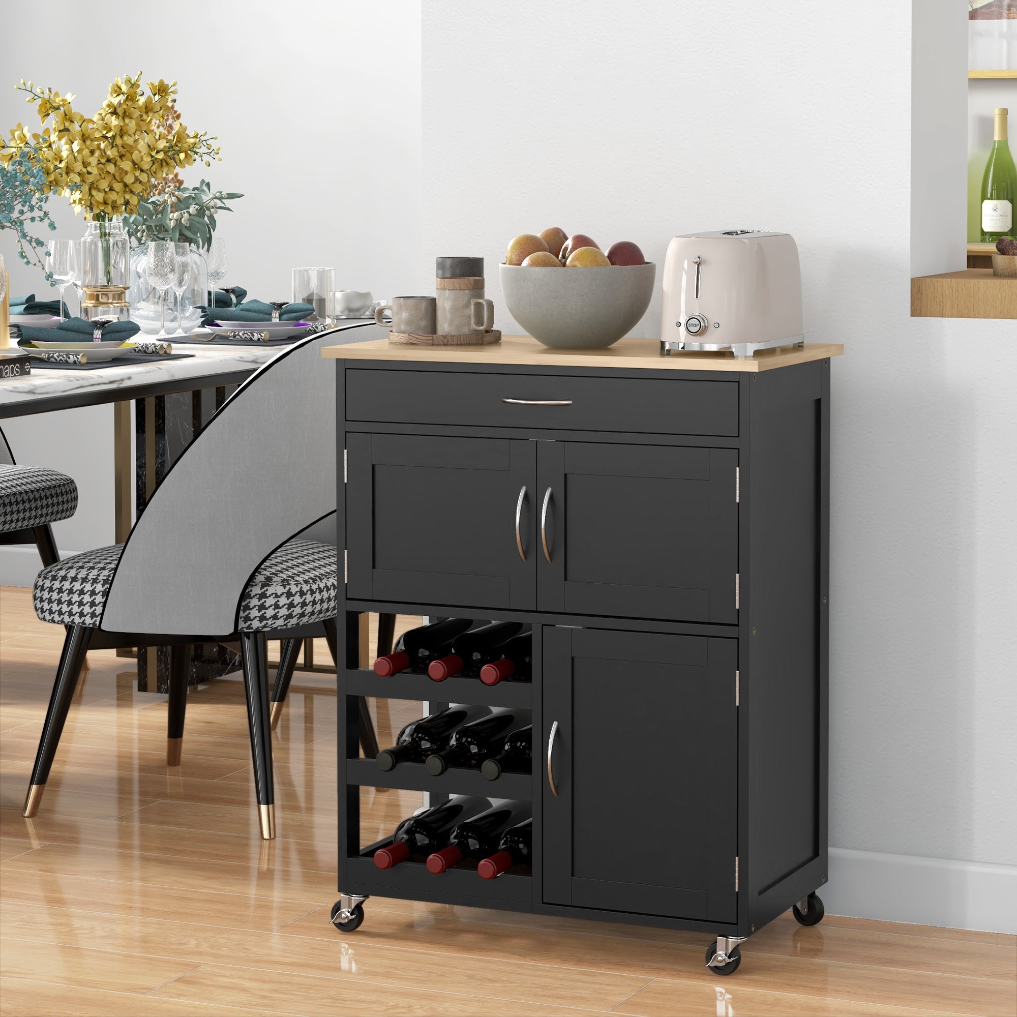 EasyComfort Carrello da Cucina in Legno with Portabottiglie, 3 Ante e Cassetto, 67x37x87 cm, black e Rovere