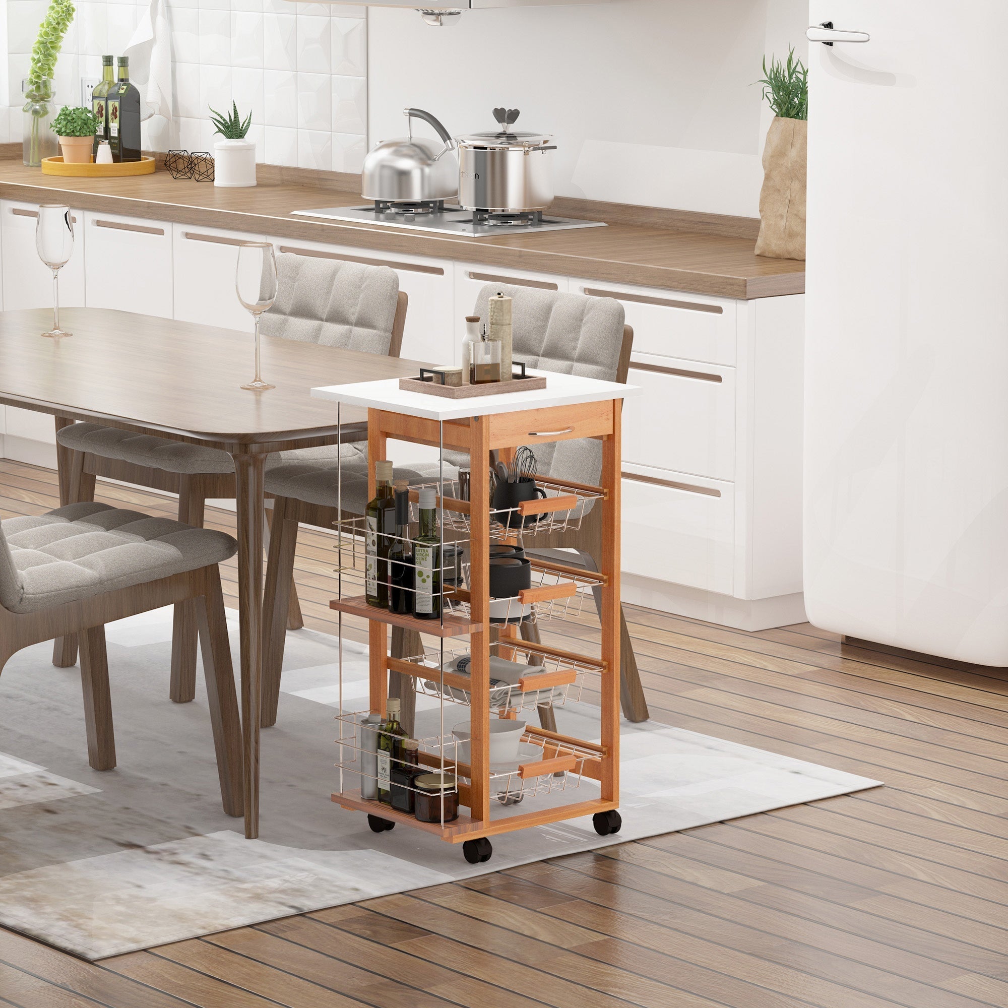 EasyComfort Keukentrolley bruin hout — 1 lade, 4 metalen manden