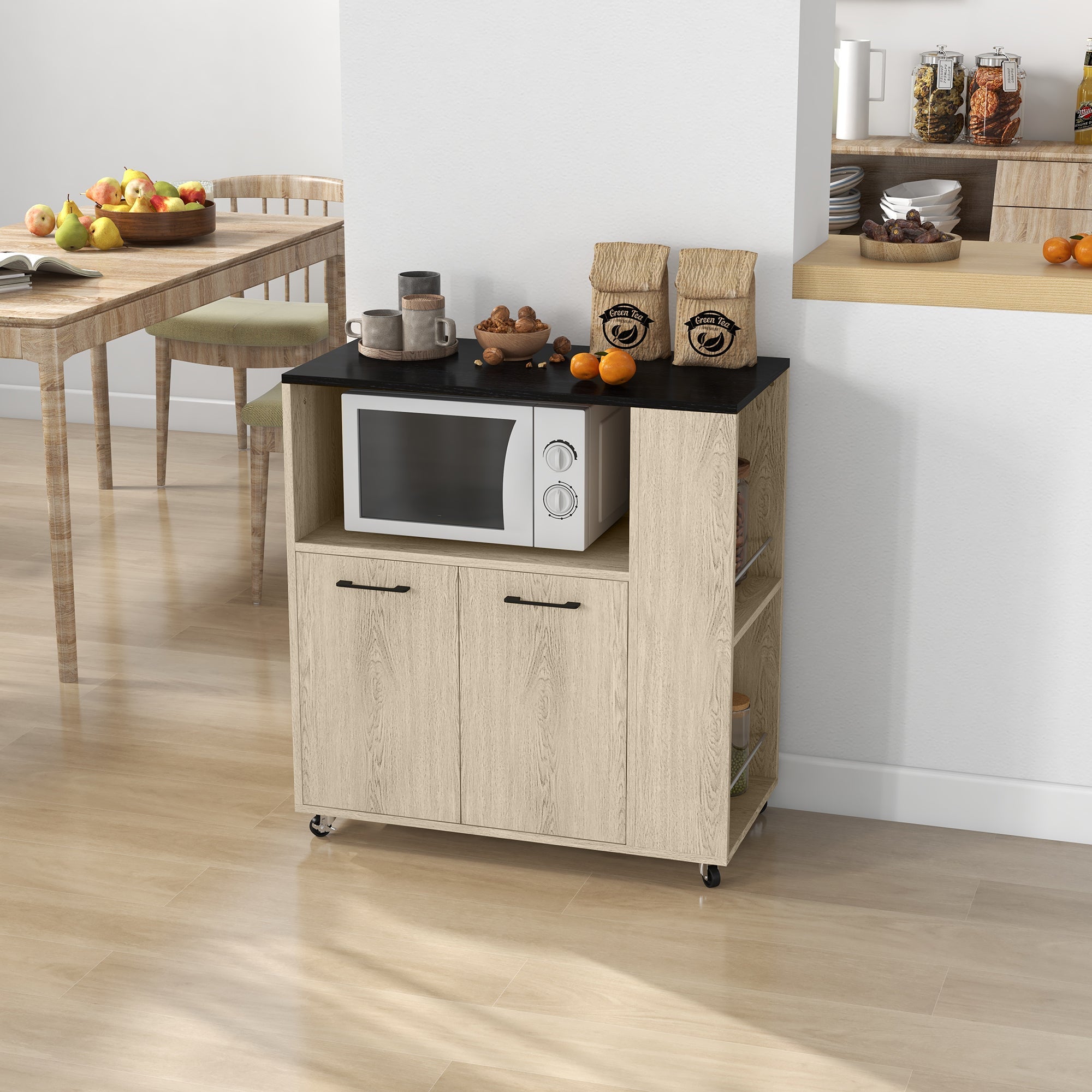 Easycomfort Carrello da Cucina in Truciolato with Ripiano Aperto, Armadietto a 2 Ante e Scaffale Laterale, 75x40x80.5 cm