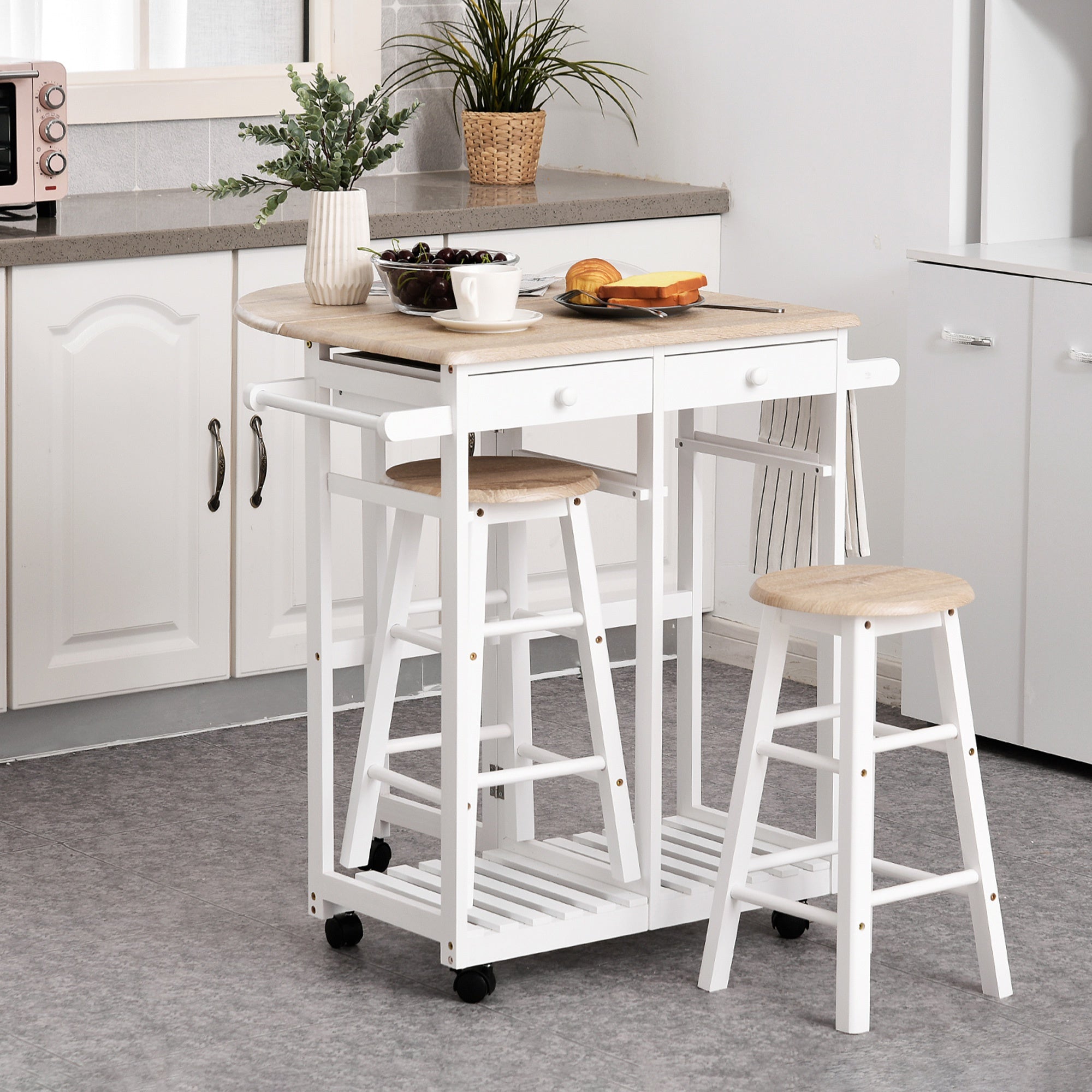 Easycomfort Carrello da Cucina Pieghevole, Mobile da Cucina Salvaspazio with 2 Sgabelli 2 Cassetti 5 Ruote (Rotazione 360°), Legno MDF white