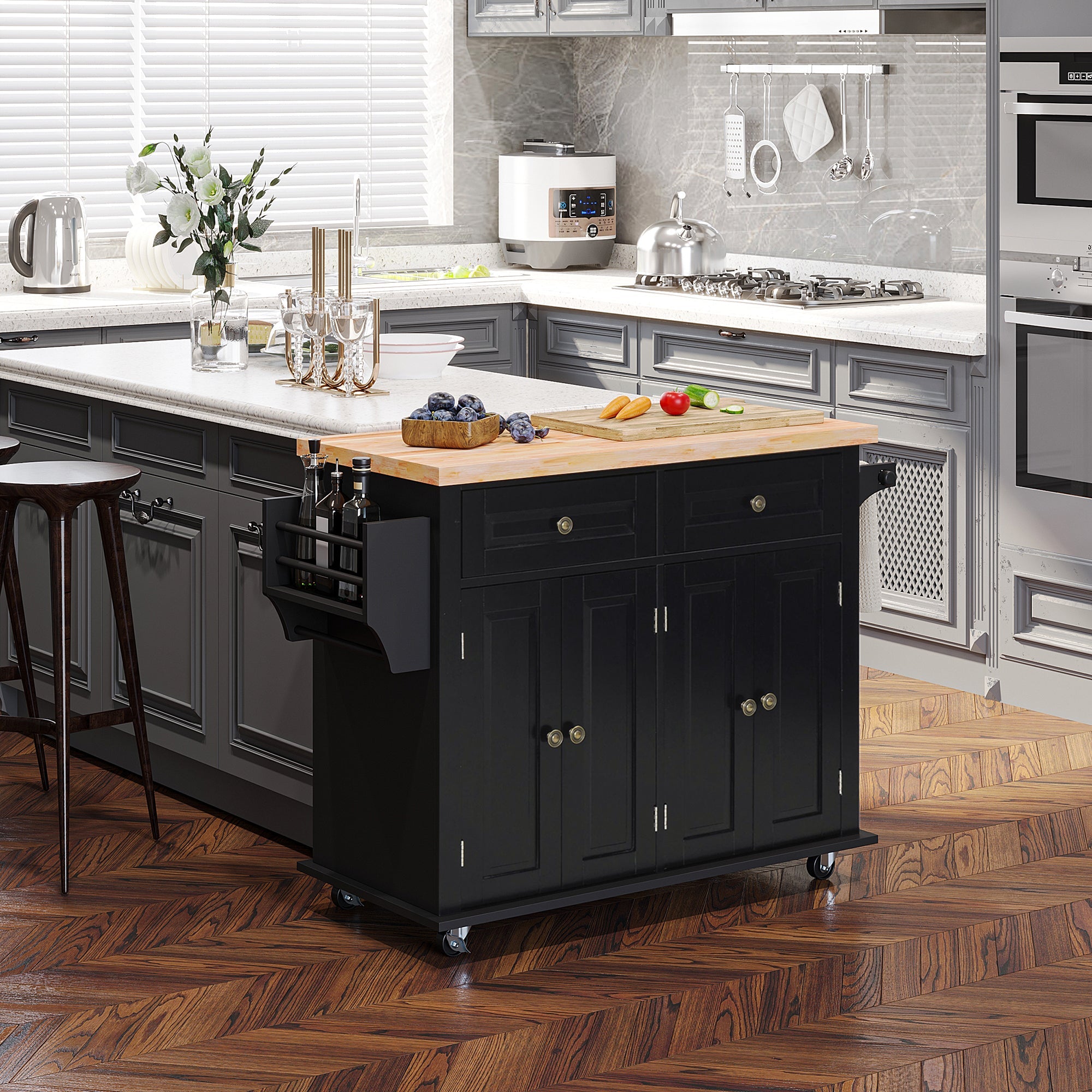 Easycomfort Carrello da Cucina Portavivande with Cassetti, Armadietti e Portaspezie, in Legno e MDF, 111x44.5x82.5 cm, black