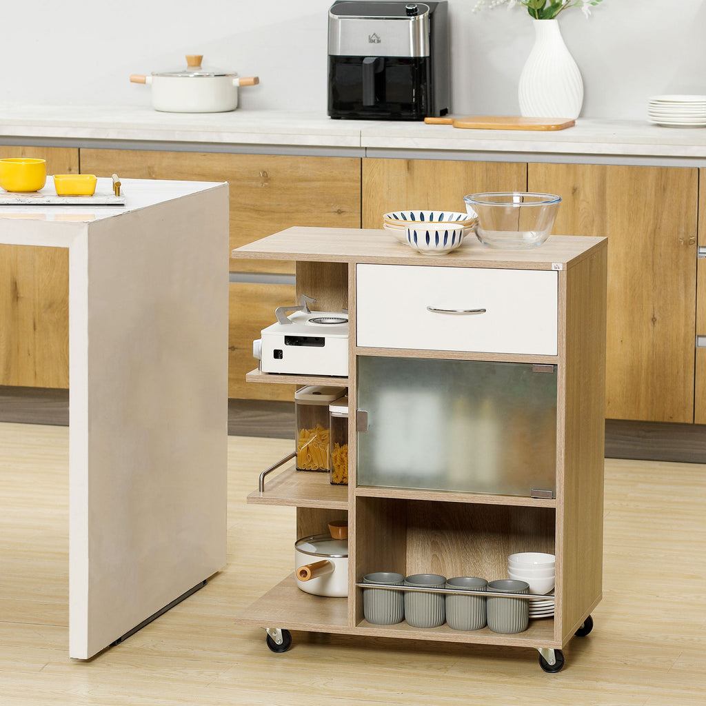 Easycomfort Carrello da Cucina Portavivande with Cassetto, Ripiani e Armadietto in Legno, Acciaio e Vetro, 65x39x80cm
