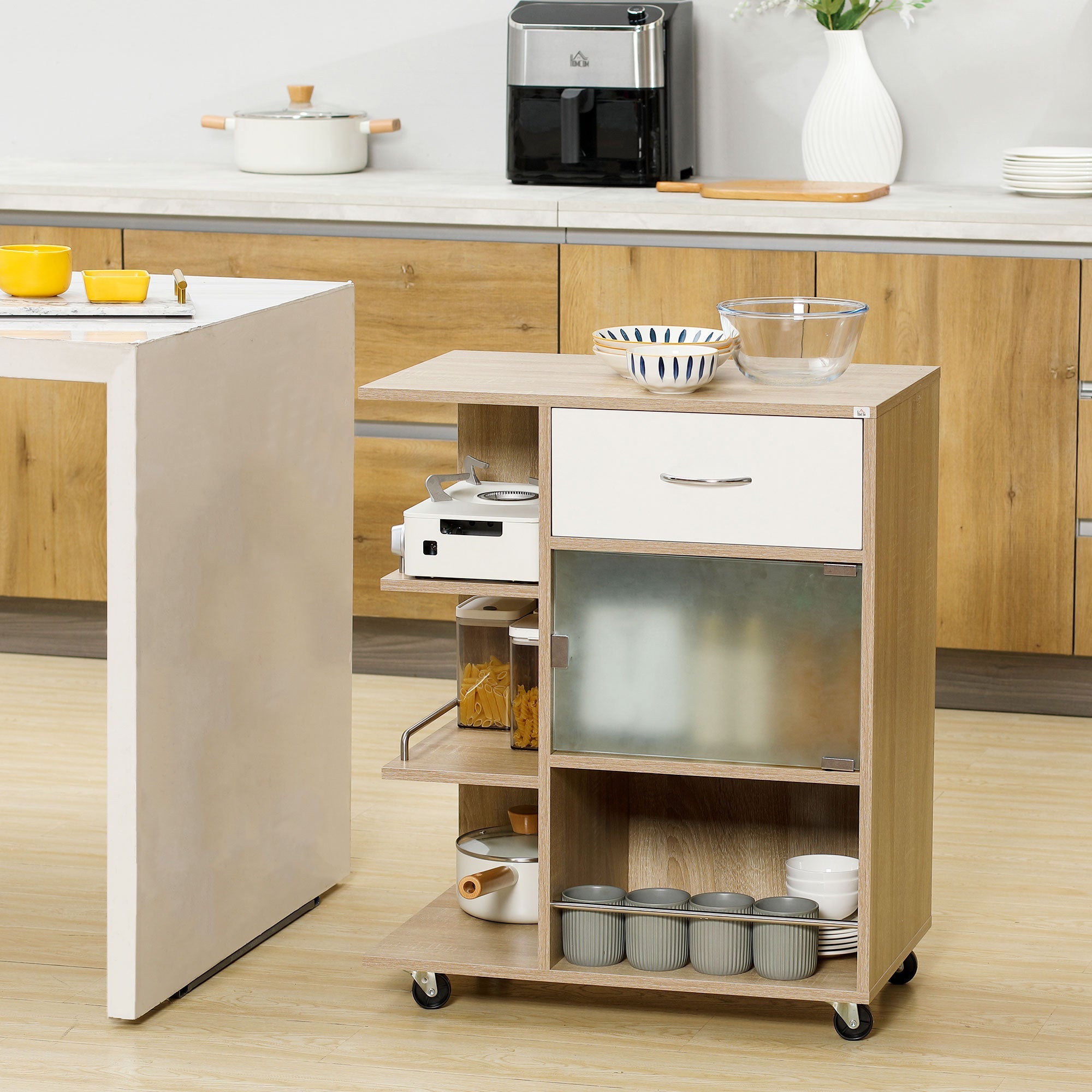 Easycomfort Carrello da Cucina Portavivande with Cassetto, Ripiani e Armadietto in Legno, Acciaio e Vetro, 65x39x80cm