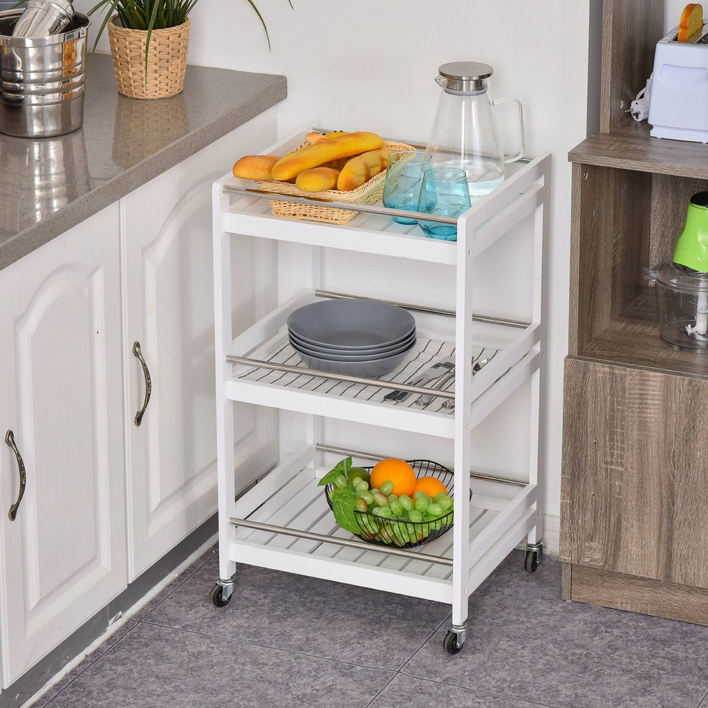 Easycomfort Carrello da Cucina Portavivande in Legno with 3 Ripiani e Ruote, 45x38x78cm, white