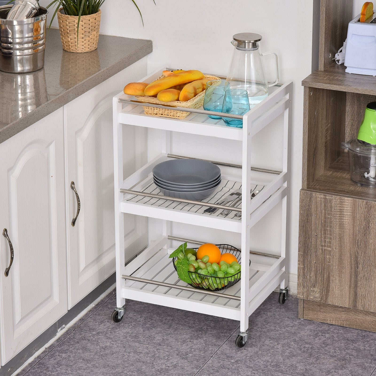 Easycomfort Carrello da Cucina Portavivande in Legno with 3 Ripiani e Ruote, 45x38x78cm, white