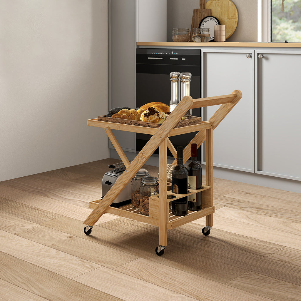 EasyComfort Carrello da Cucina Portavivande Pieghevole a 2 Livelli with Portabottiglie in Legno di Bambù