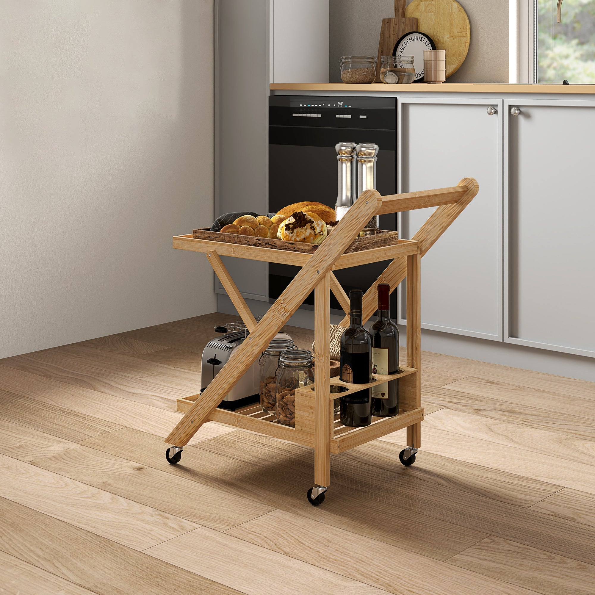 EasyComfort Carrello da Cucina Portavivande Pieghevole a 2 Livelli with Portabottiglie in Legno di Bambù