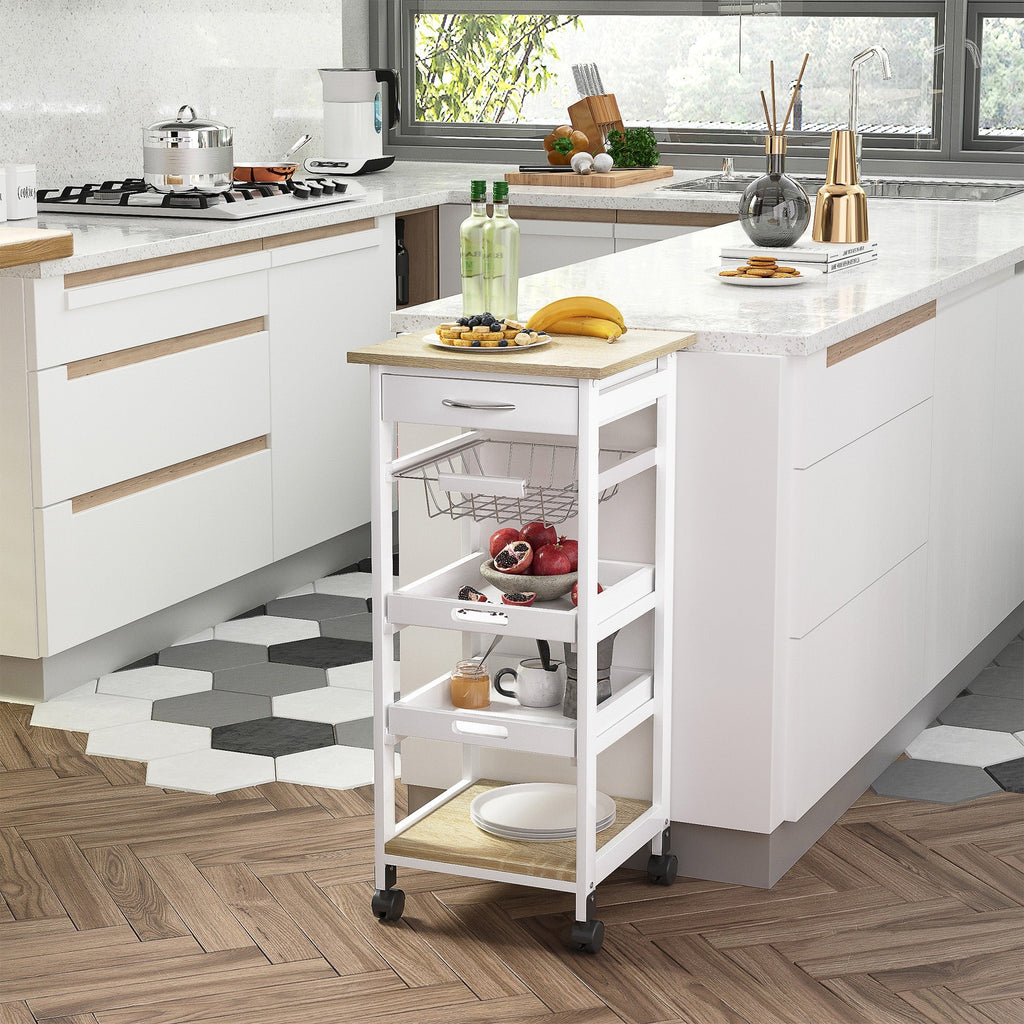 Easycomfort Carrello da Cucina Salvaspazio in Legno di Pino e MDF, Carrello Portaoggetti with Cassetto, Cestello, 2 Vassoi e 4 Ruote Universale, 37x37x82cm, white