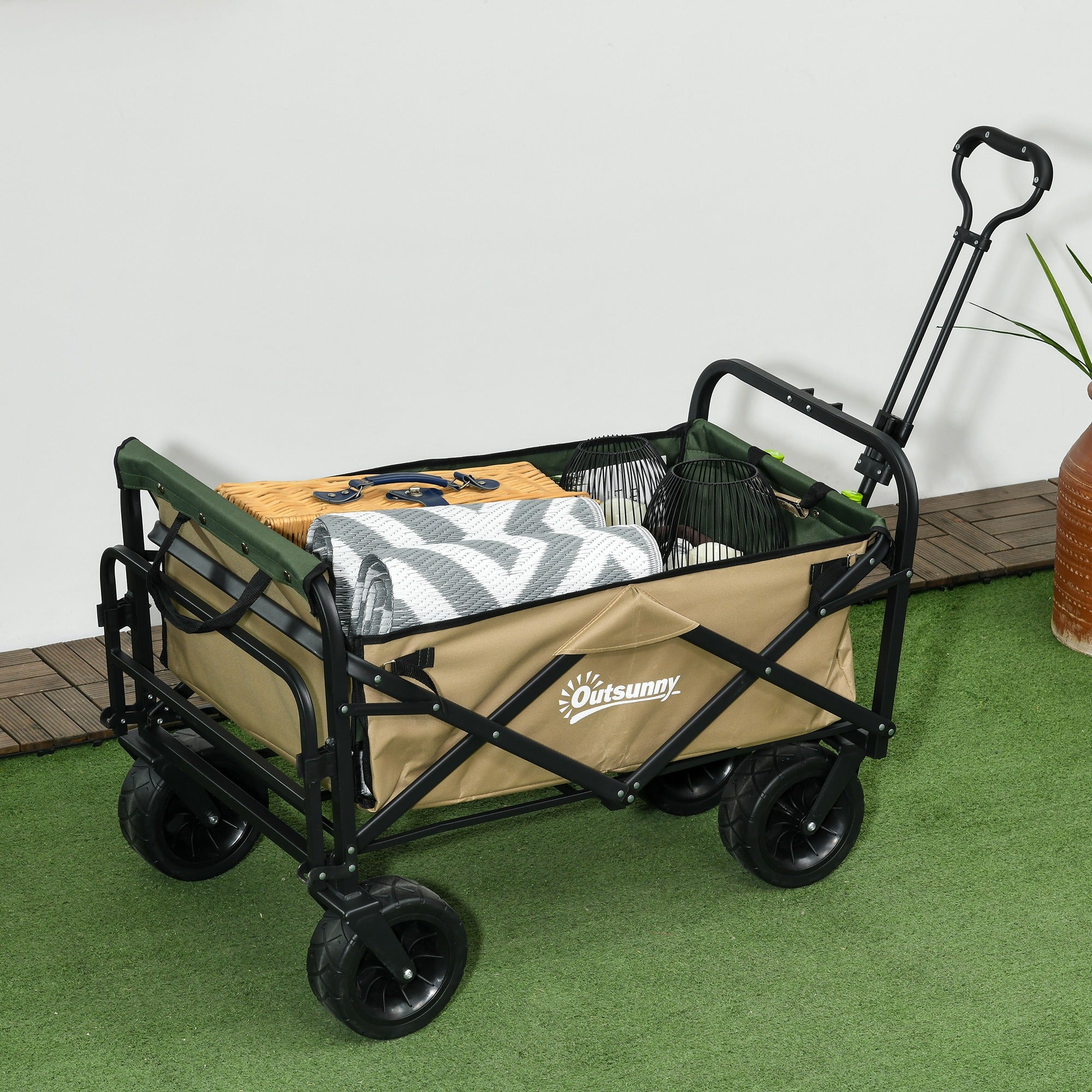 EasyComfort Carrello da Giardino 110L with Maniglia Telescopica e Fondo Apribile in Acciaio e Tessuto Oxford, Cachi