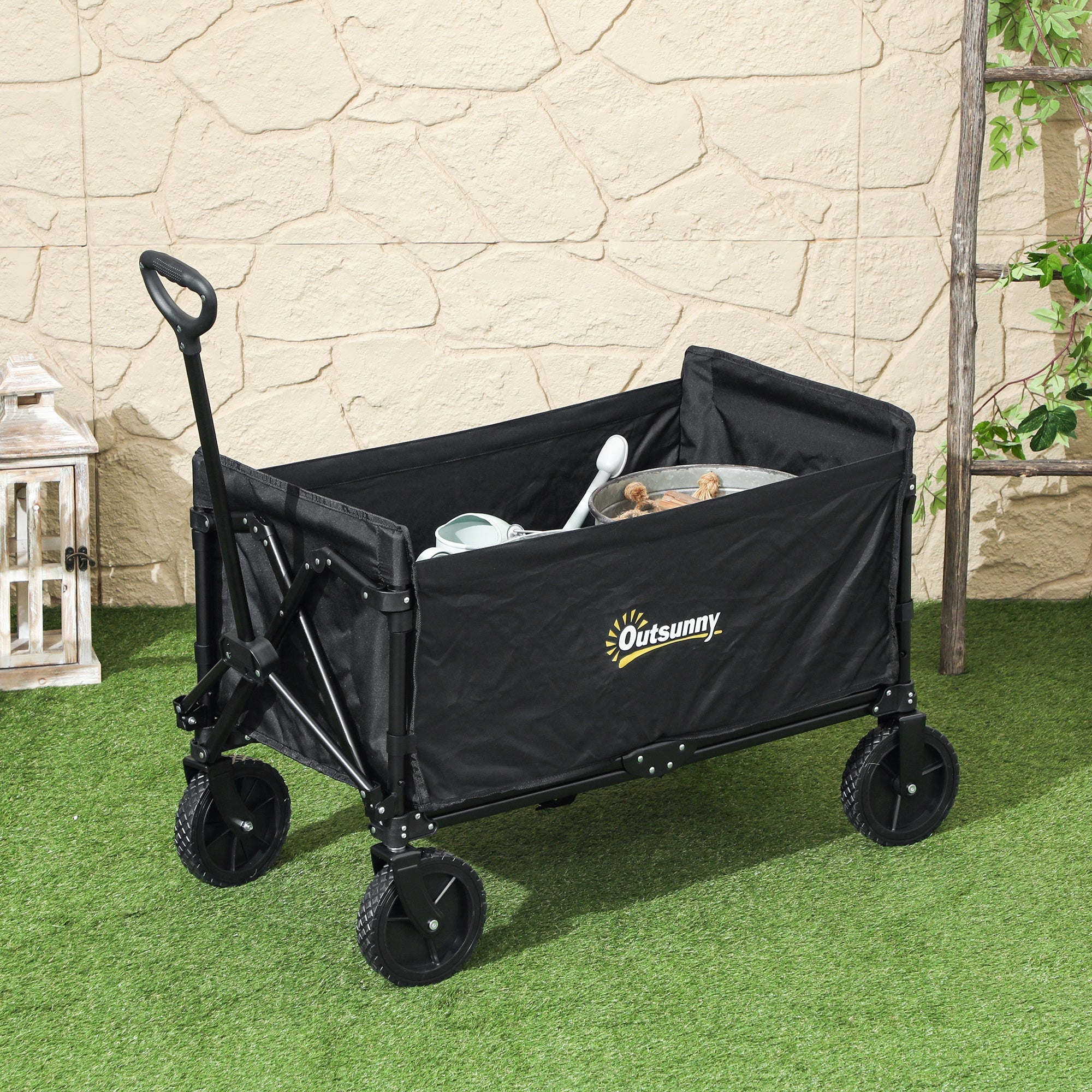 EasyComfort Carrello da Giardino da 120L Pieghevole with Pannello Apribile, in Acciaio e Poliestere, 90x48x62 cm, black