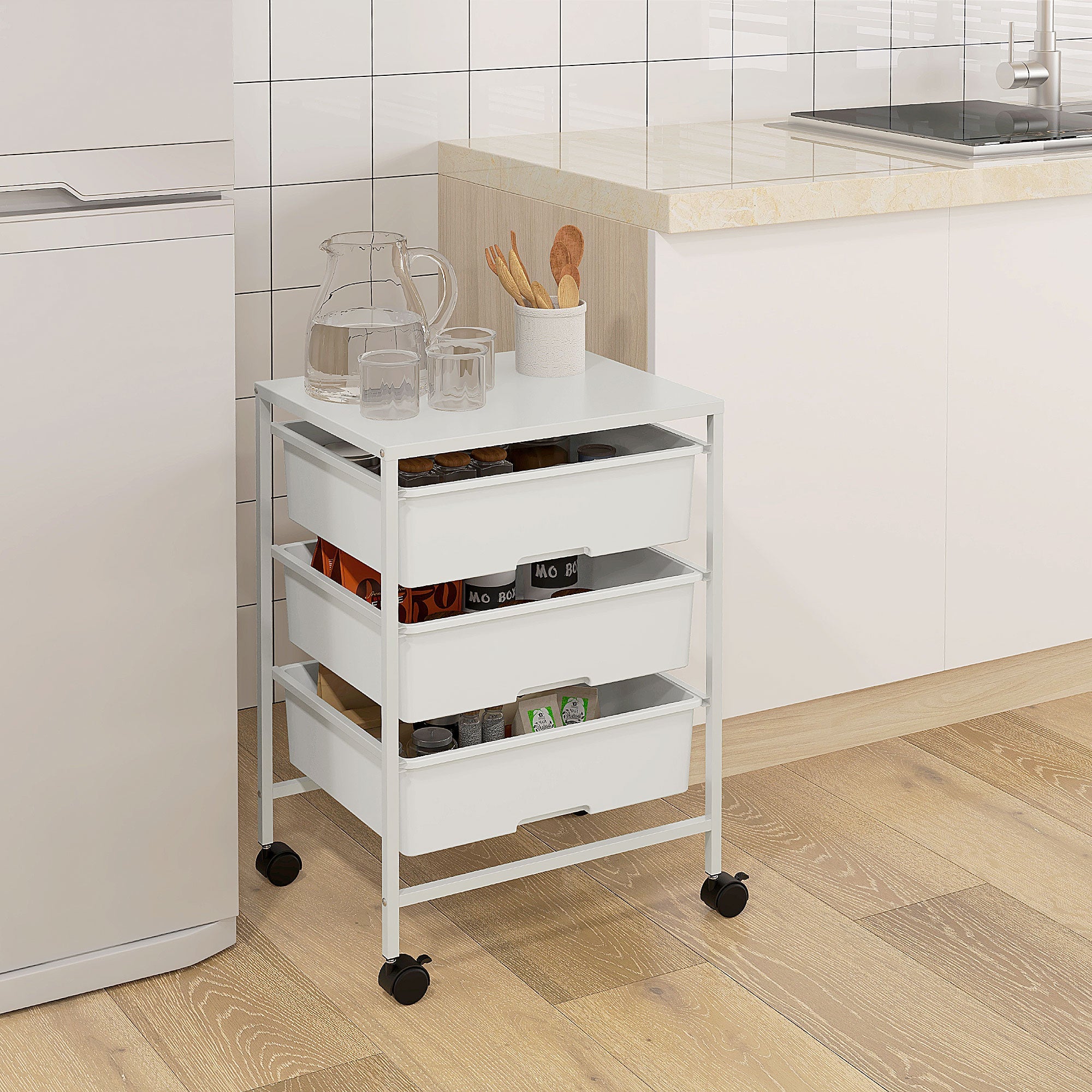 EasyComfort Carrello Multiuso multifunctionele trolley met 3 uittrekbare manden (wit)