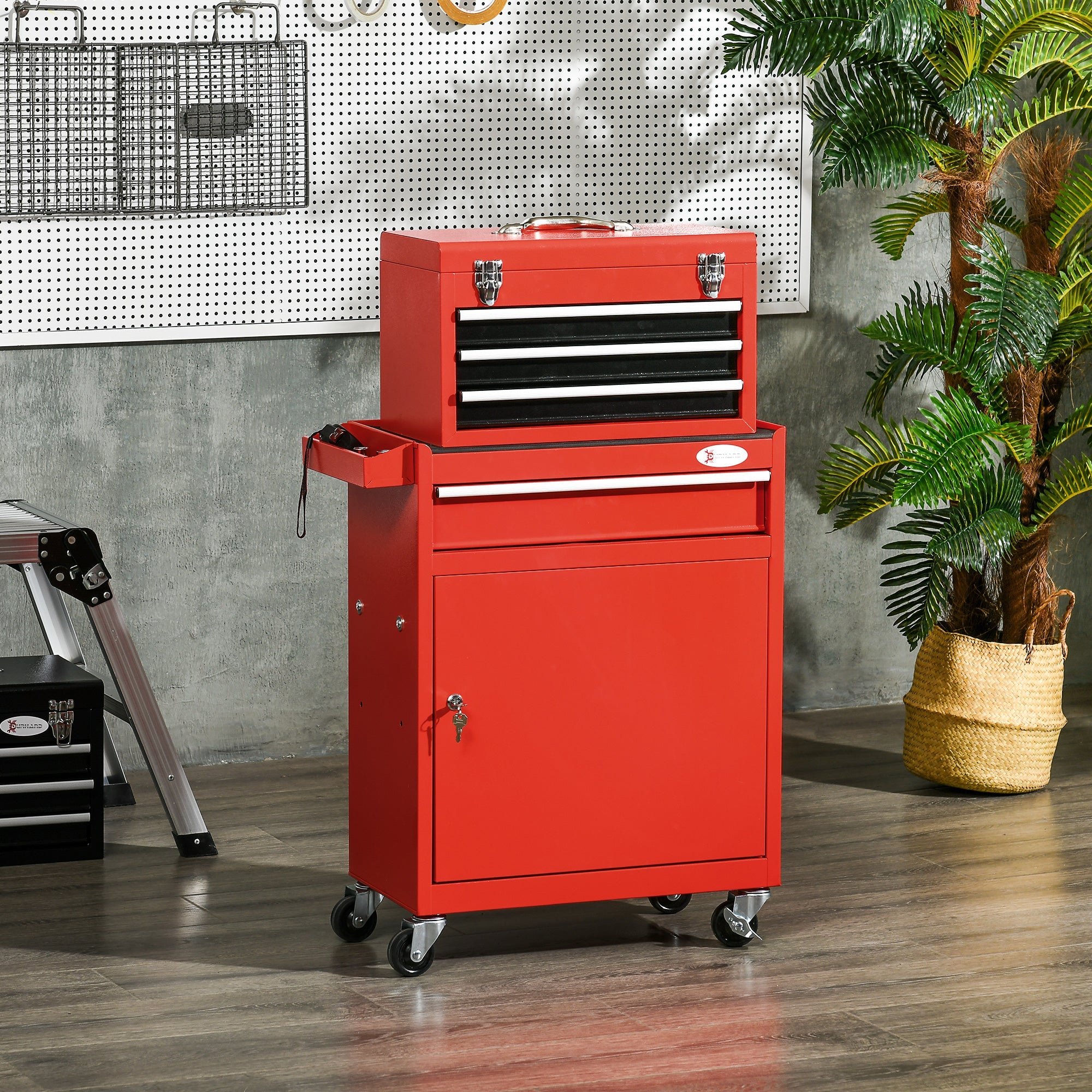 EasyComfort Carrello Porta Attrezzi 2 in 1 with Cassetta Rimovibile e Armadietto with Chiave in Acciaio, Rosso