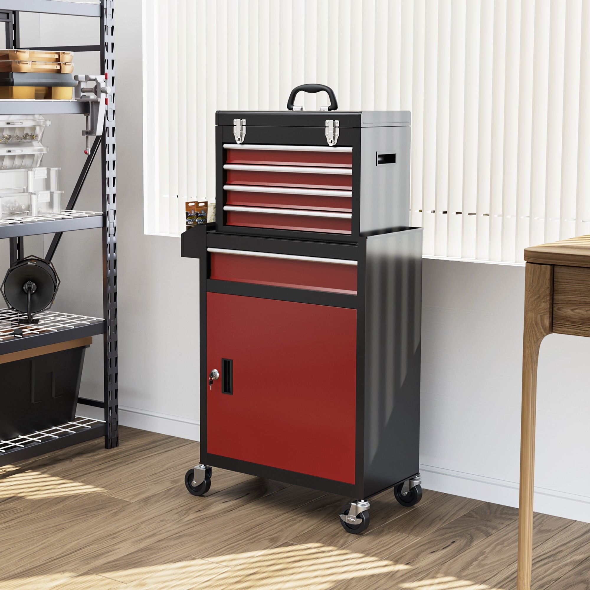 EasyComfort Carrello Porta Attrezzi 5 Cassetti, Cassetta Rimovibile e Armadietto con Chiave in Acciaio, Rosso