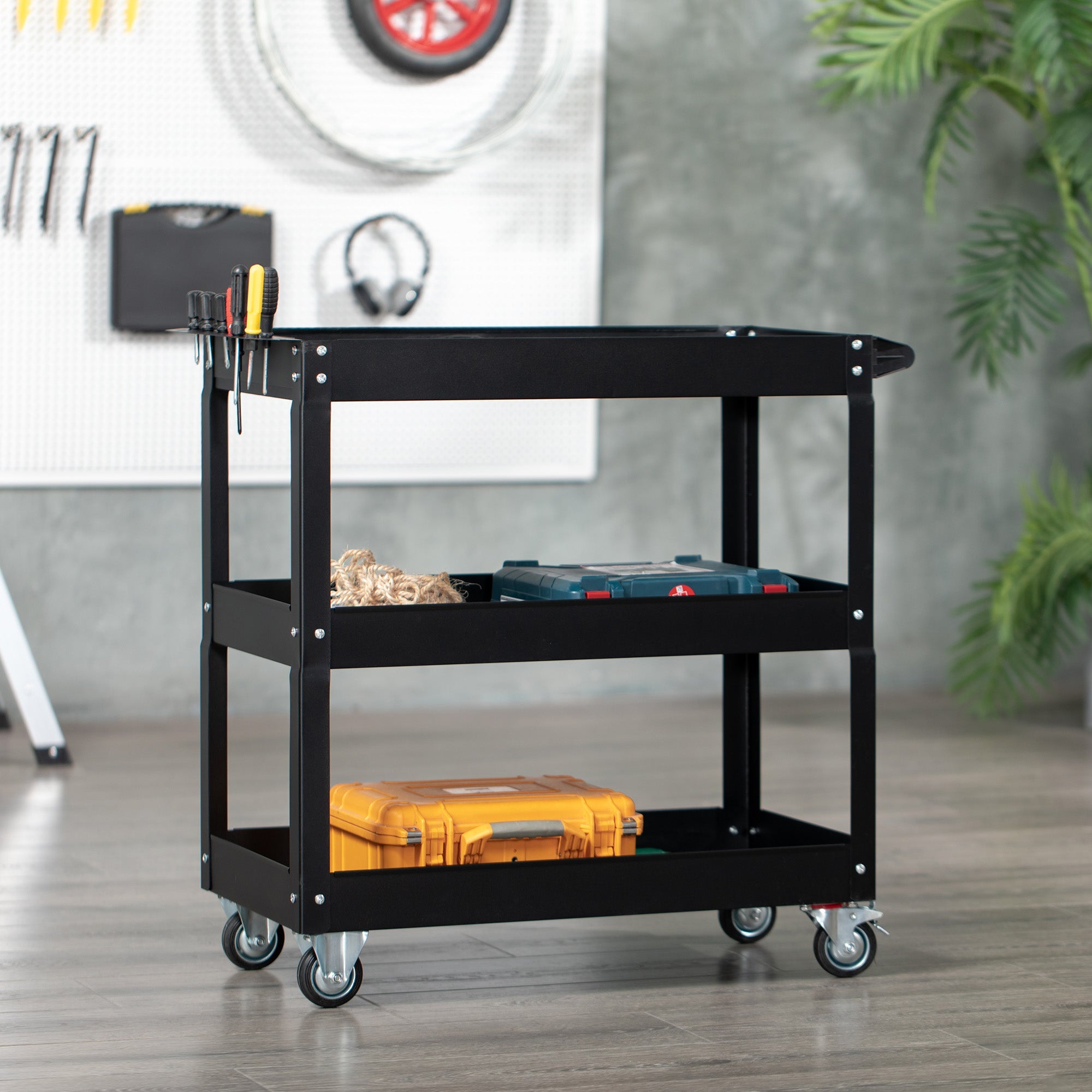 EasyComfort Carrello Porta Attrezzi a 3 Livelli in Acciaio con Bordi Alti e 4 Ruote Girevoli, 83x35.3x76 cm, Nero
