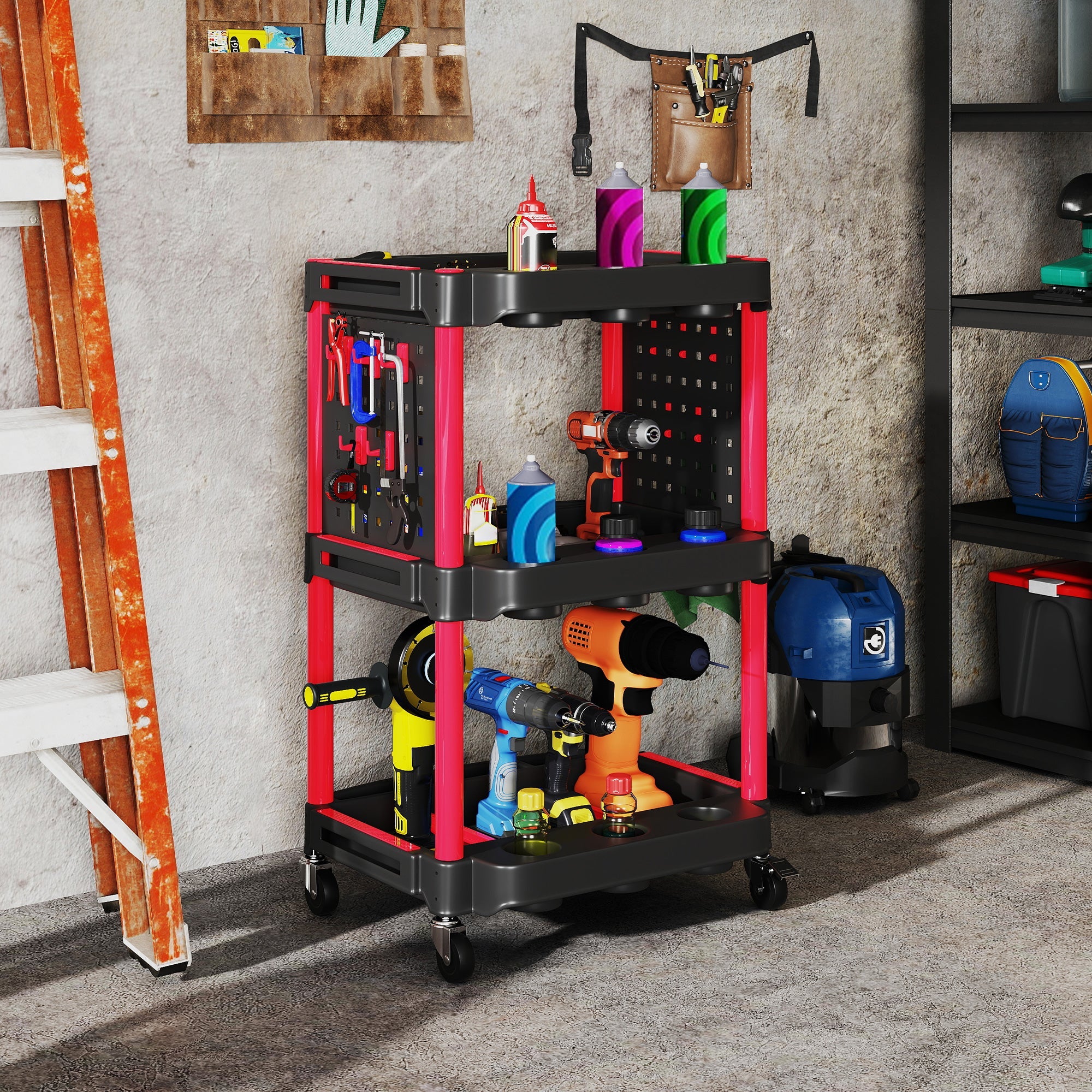 EasyComfort 3-niveaus gereedschapswagen kunststof, zwart/rood