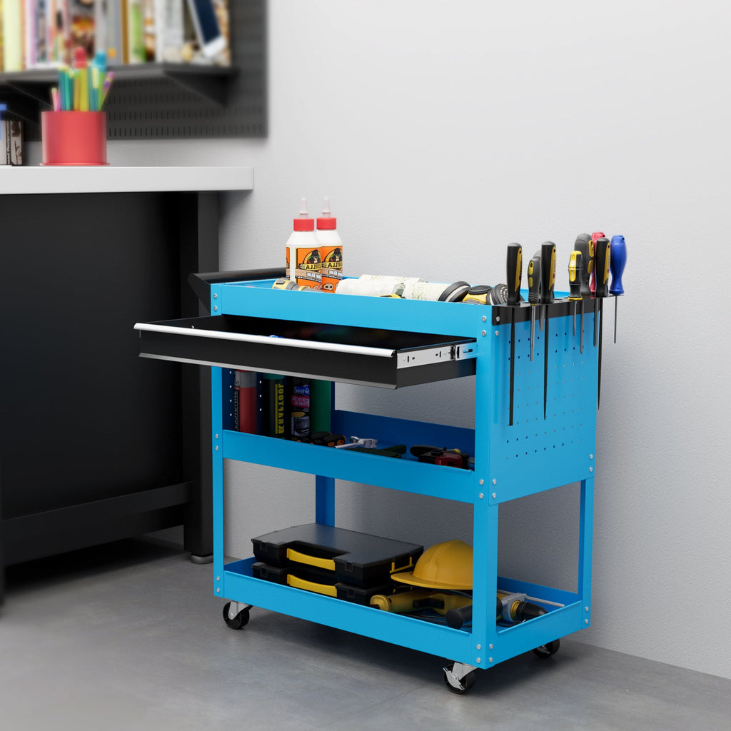 EasyComfort Carrello Porta Attrezzi con Manico Laterale, Cassetto e 3 Ripiani in Acciaio, 82x35x76 cm, Blu
