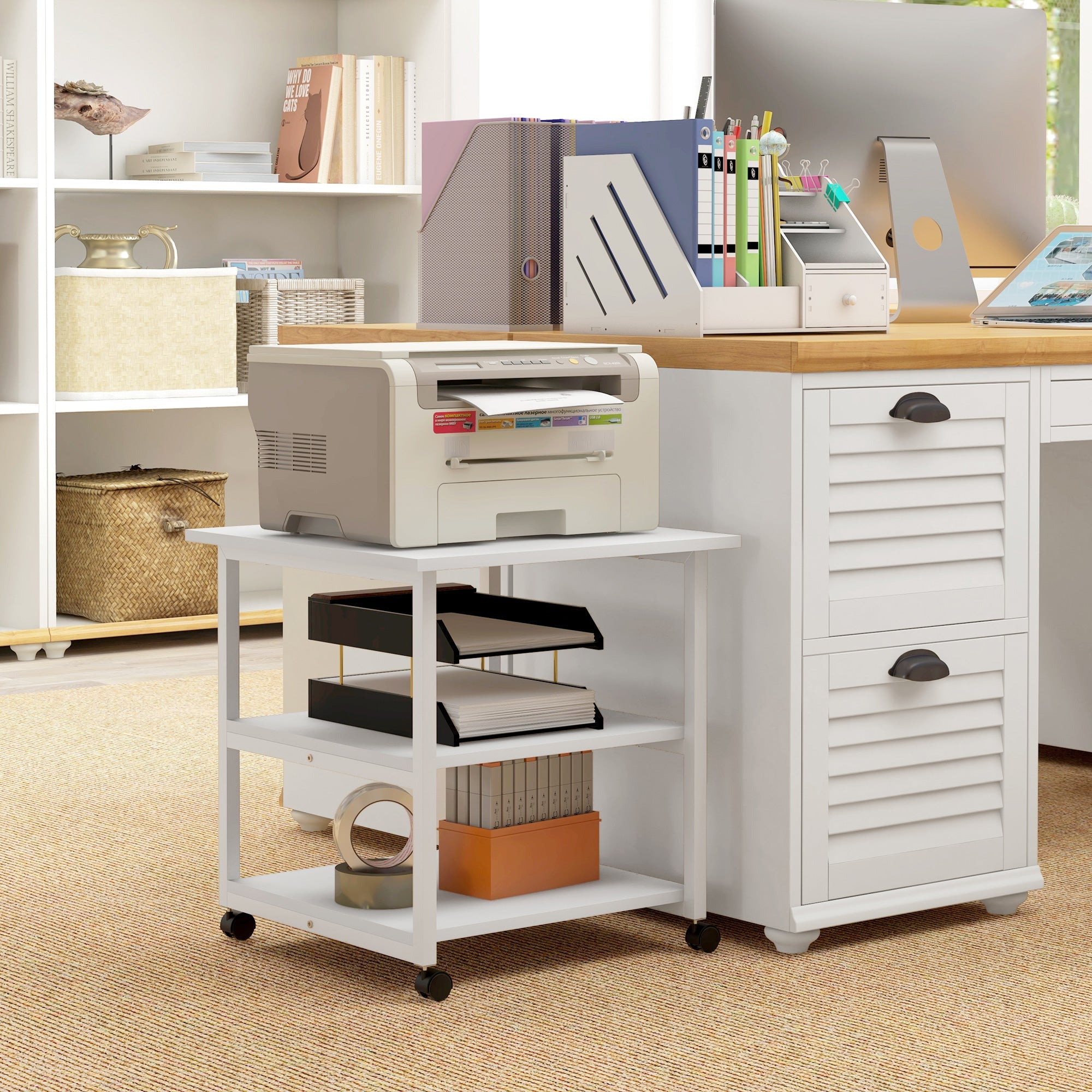EasyComfort Carrello salvaspazio Porta Stampante a 3 Ripiani, mobile da ufficio con 4 Ruote, Legno e Acciaio, 50x50x52.5cm, Bianco