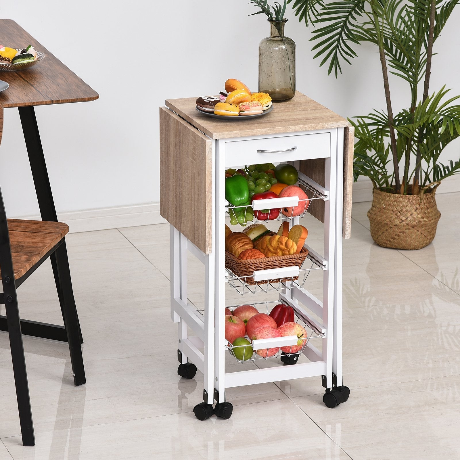 Easycomfort Carrello Portavivande Pieghevole a 6 Ruote with 3 Cestini, Cassetto e 2 Ribalte, Carrellino per Cucina in MDF e Metallo, 37x37x77.5 cm, white e Legno