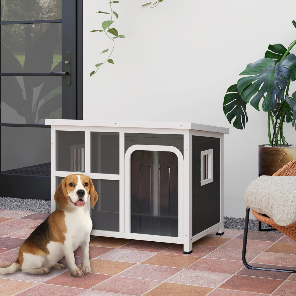 EasyComfort Casetta per Cani con Finestrelle e Ingresso a Tenda, in Legno di Abete, 90x62x71 cm, Grigio Chiaro