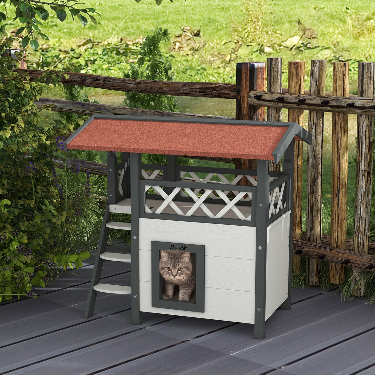 EasyComfort Kattenhuisje voor buiten met terras en trapje, 77x50x73 cm