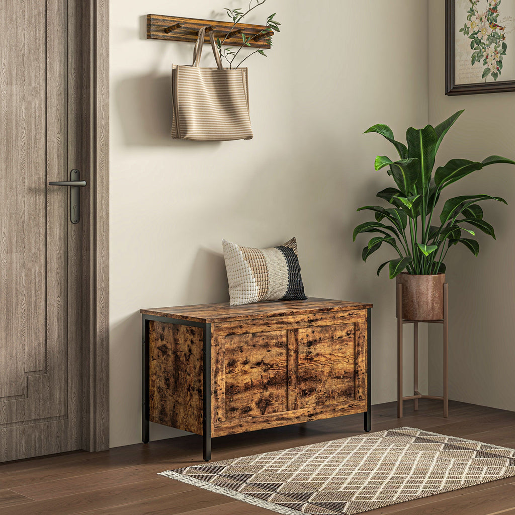 EasyComfort Cassapanca in Legno da 95L Stile Industriale with Coperchio e Cerniera di Sicurezza, 80x40x49cm, Marrone
