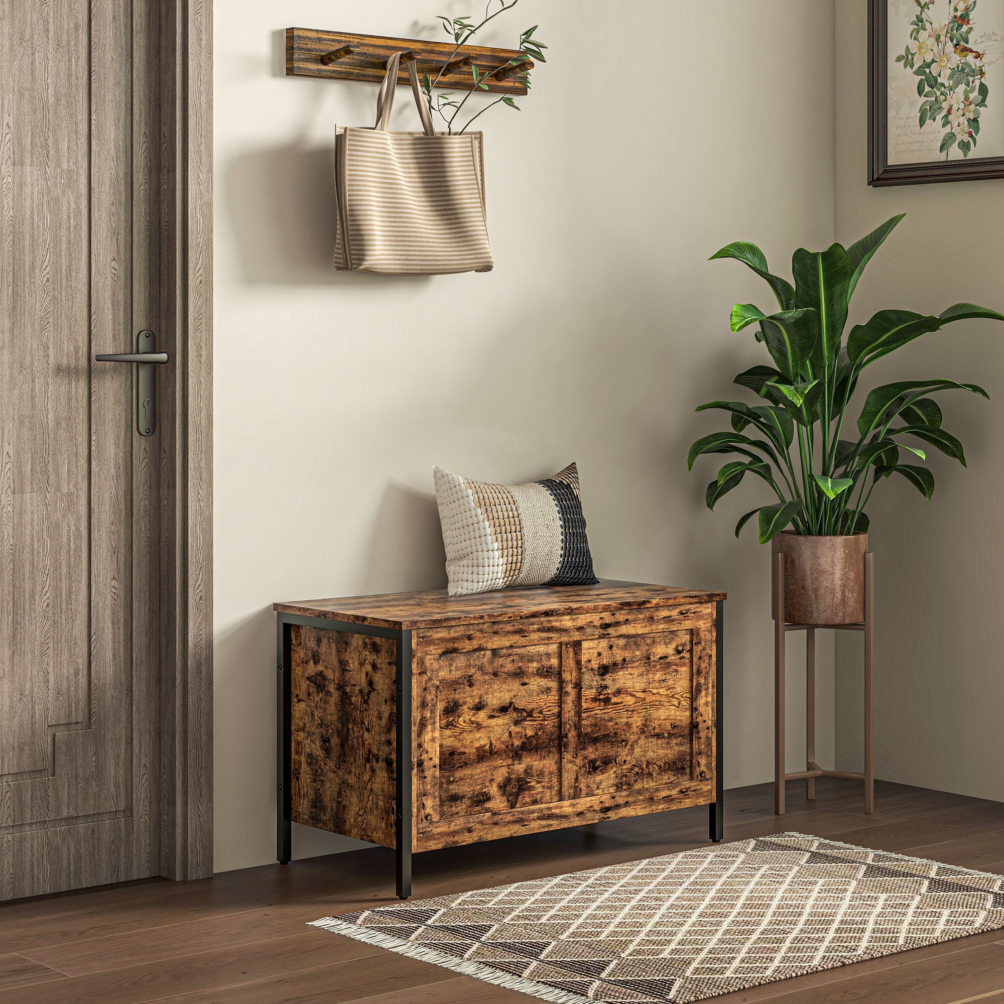 EasyComfort Cassapanca in Legno da 95L Stile Industriale with Coperchio e Cerniera di Sicurezza, 80x40x49cm, Marrone