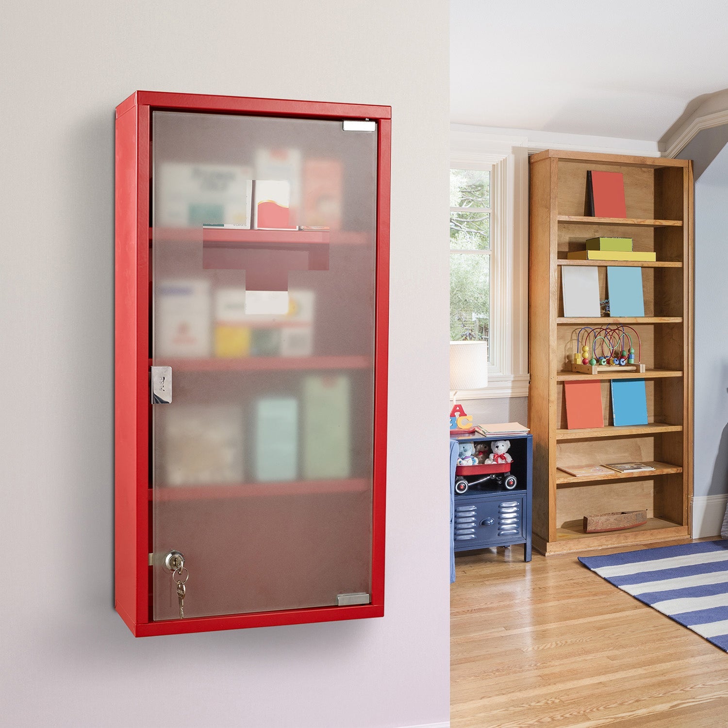 Easycomfort Cassetta Porta Medicine Armadietto Medicinali 4 Livelli Porta in Vetro 60×30×12cm Rosso
