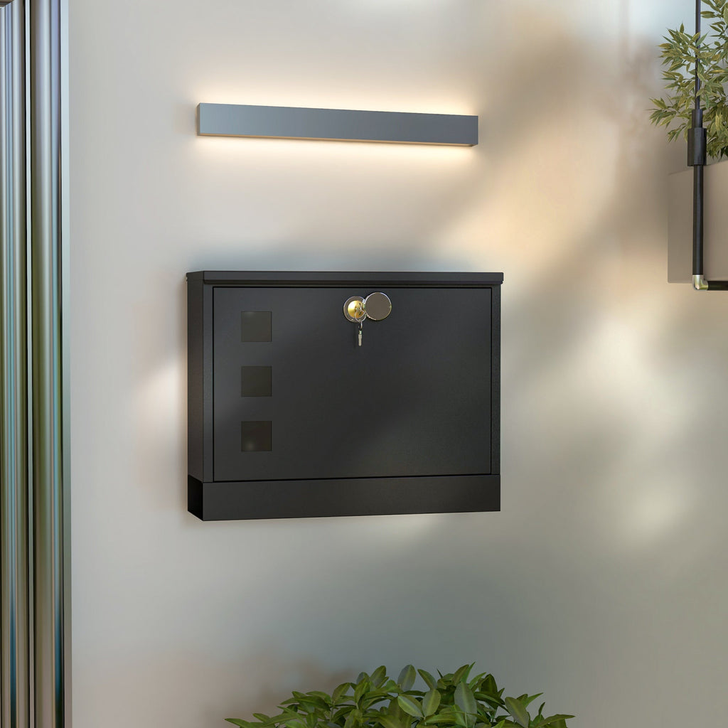 EasyComfort Cassetta Postale in Metallo con 2 Chiavi di Sicurezza, 3 Finestre e Foro di Drenaggio, 36.5x11.5x29 cm, Nera