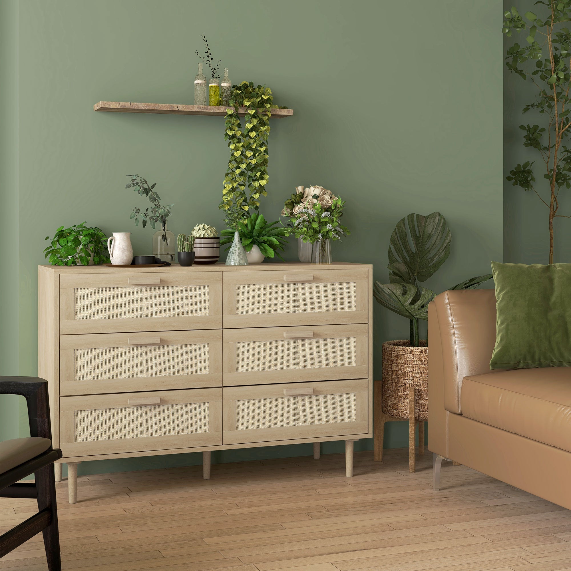 EasyComfort Cassettiera 6 Cassetti in Legno e Rattan Stile Boho per Soggiorno e Camera da Letto, 110x40x75 cm