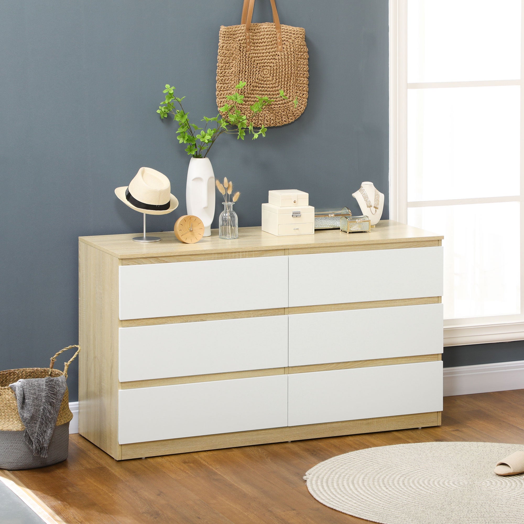 Easycomfort Cassettiera 6 Cassetti Moderna in Legno, 135x48x77cm, white e Colore Legno