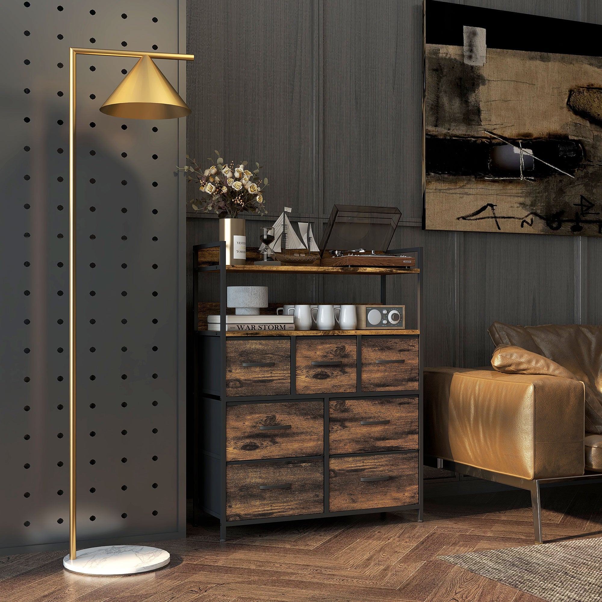 EasyComfort Cassettiera 7 Cassetti Rimovibili with 2 Ripiani Industriale in Legno e Acciaio, 79x29x101 cm, Marrone e black