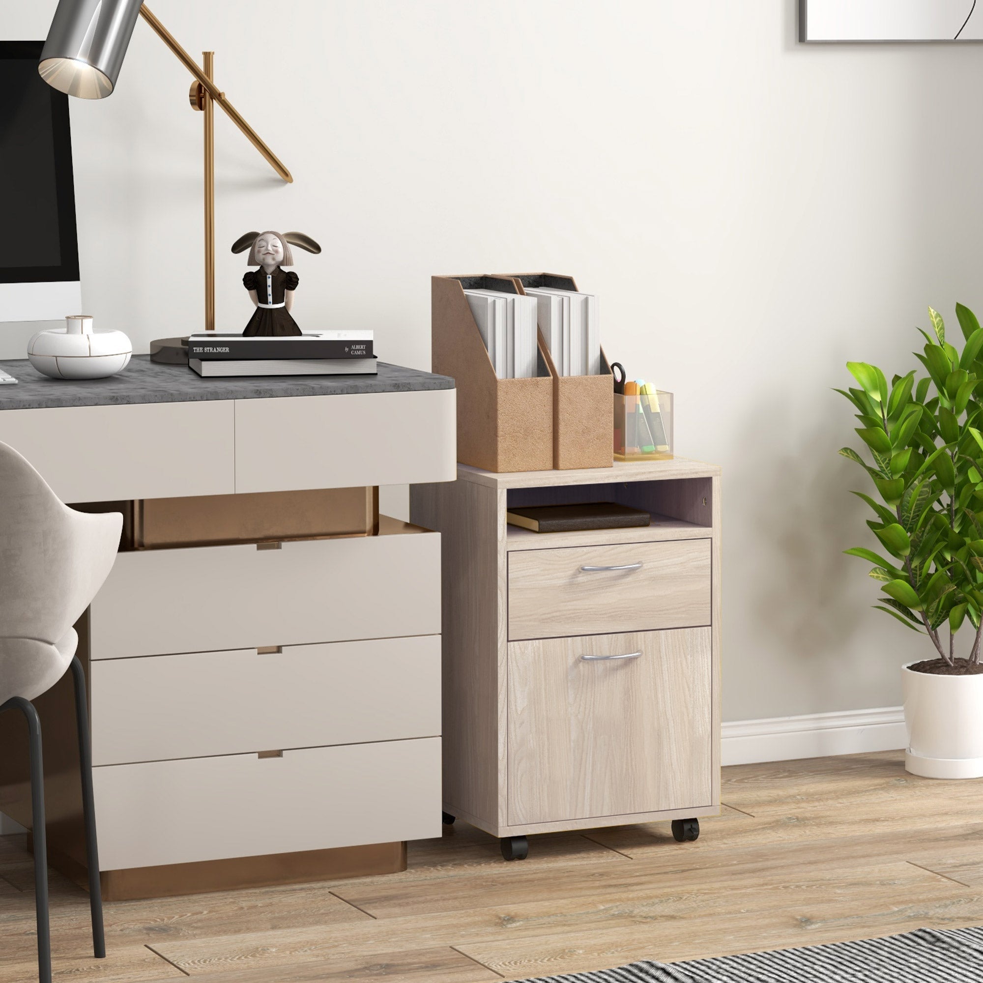 EasyComfort Cassettiera da Ufficio Portadocumenti with Ripiano Aperto e 2 Cassetti, in Legno e Metallo, 40x35x60 cm, Rovere