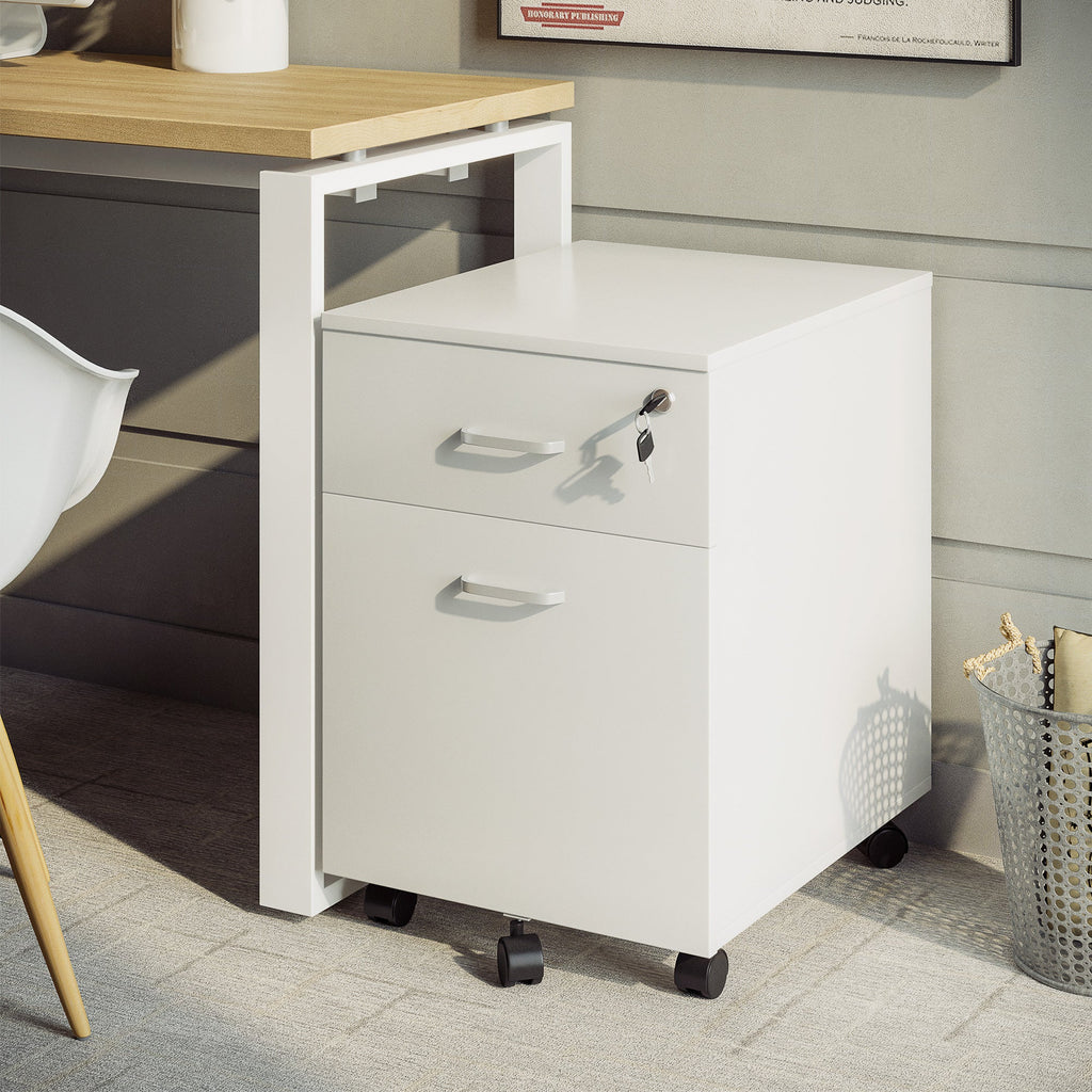 EasyComfort Cassettiera Ufficio a 2 Cassetti con Serratura e 5 Ruote, in Truciolato, 40x49x58 cm, Bianco