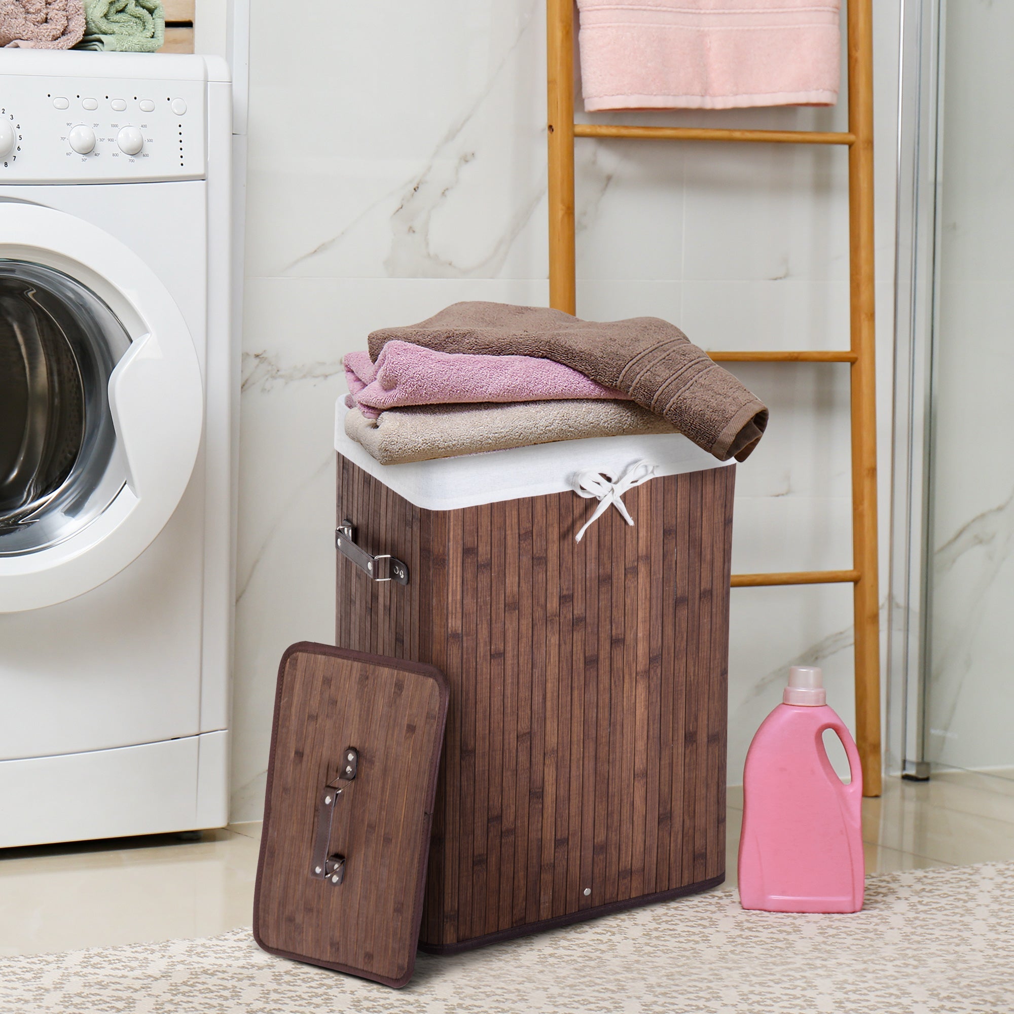 Easycomfort Cesto Portabiancheria in Bambù with Coperchio e Sacco in Tessuto Rimovibile, 40x30x60cm, Marrone