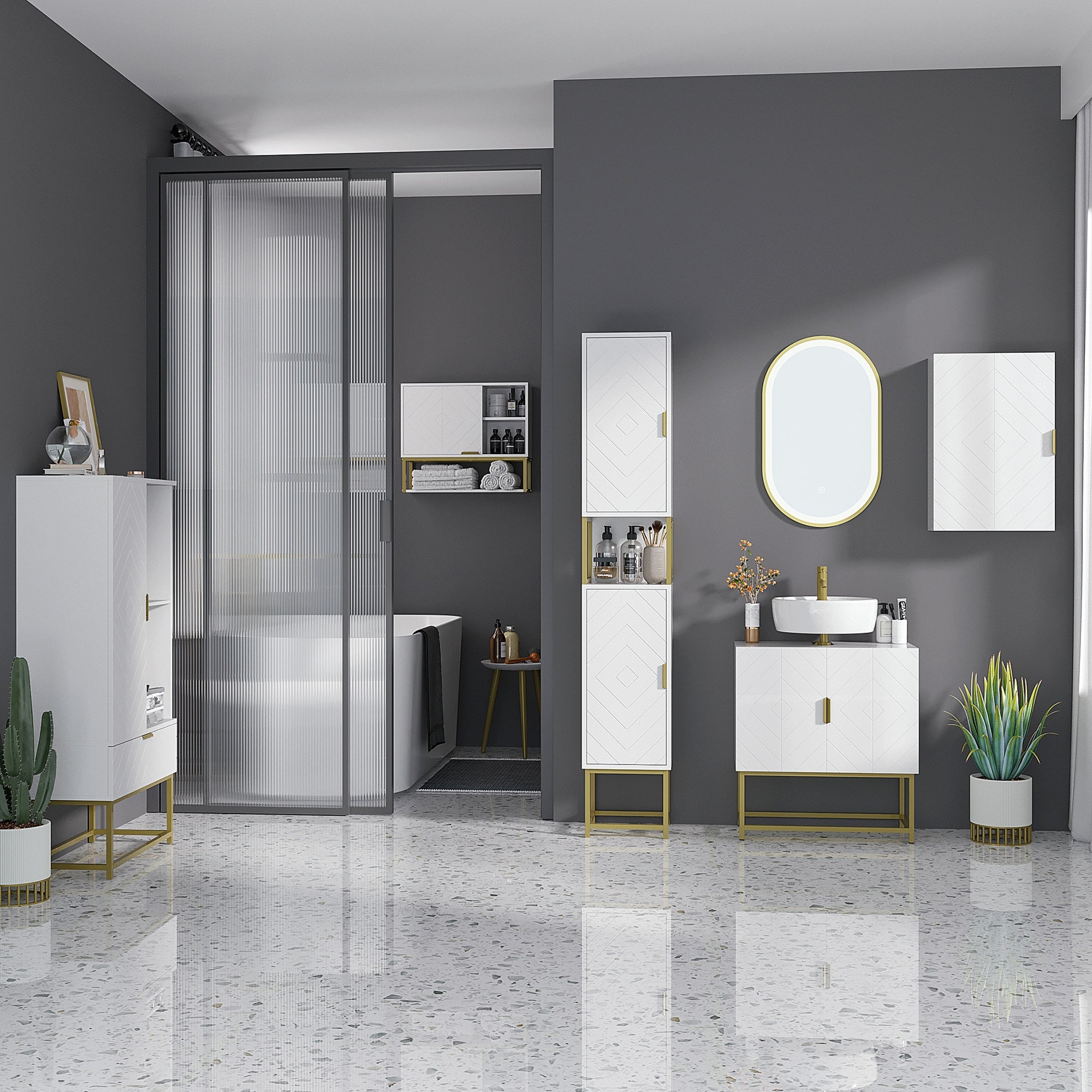 EasyComfort badkamerkolom met 2 kastjes en plank 30x30x170.7 cm wit/goud