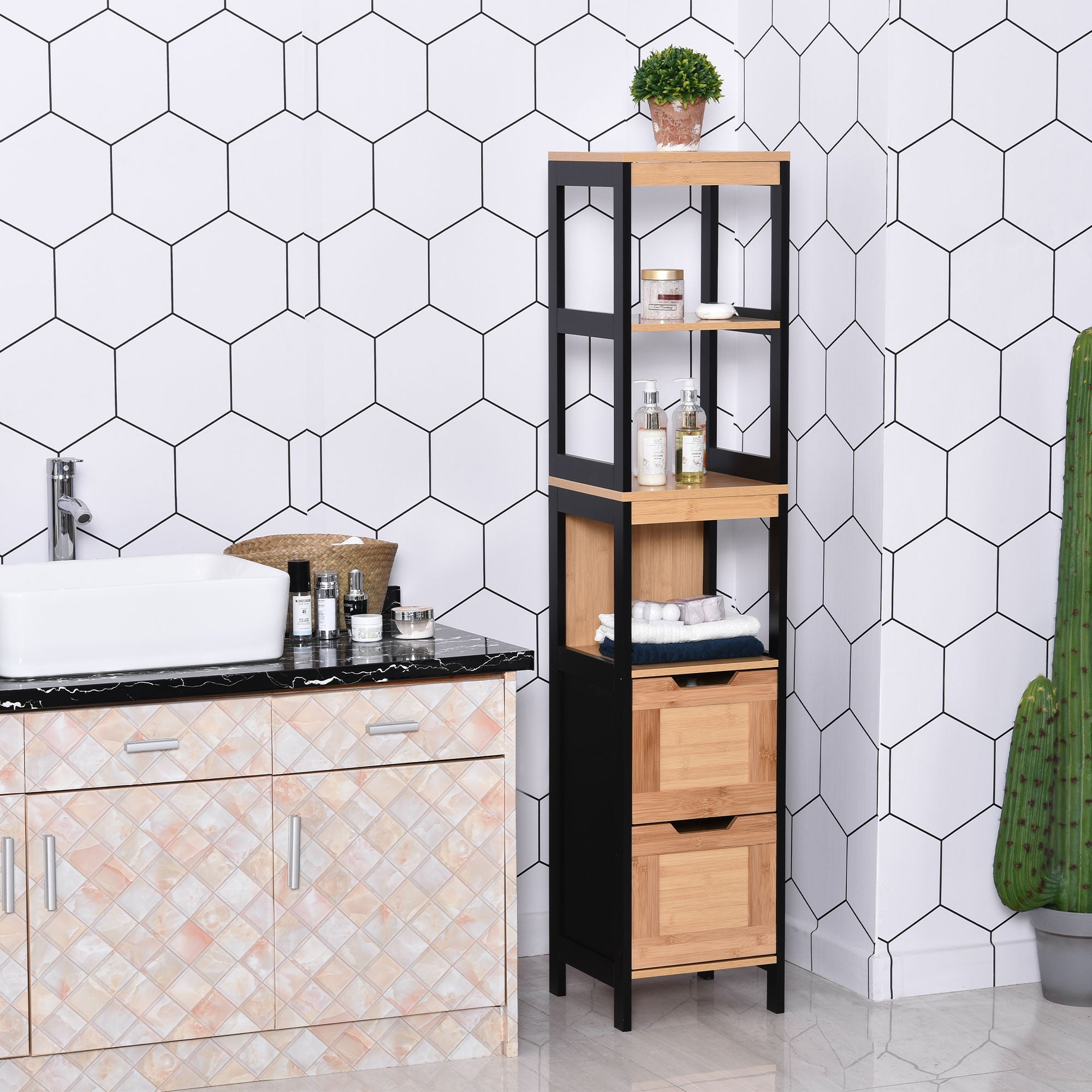 EasyComfort Kolomkast badkamer 2 lades 3 open vakken 30x30x144.3 cm