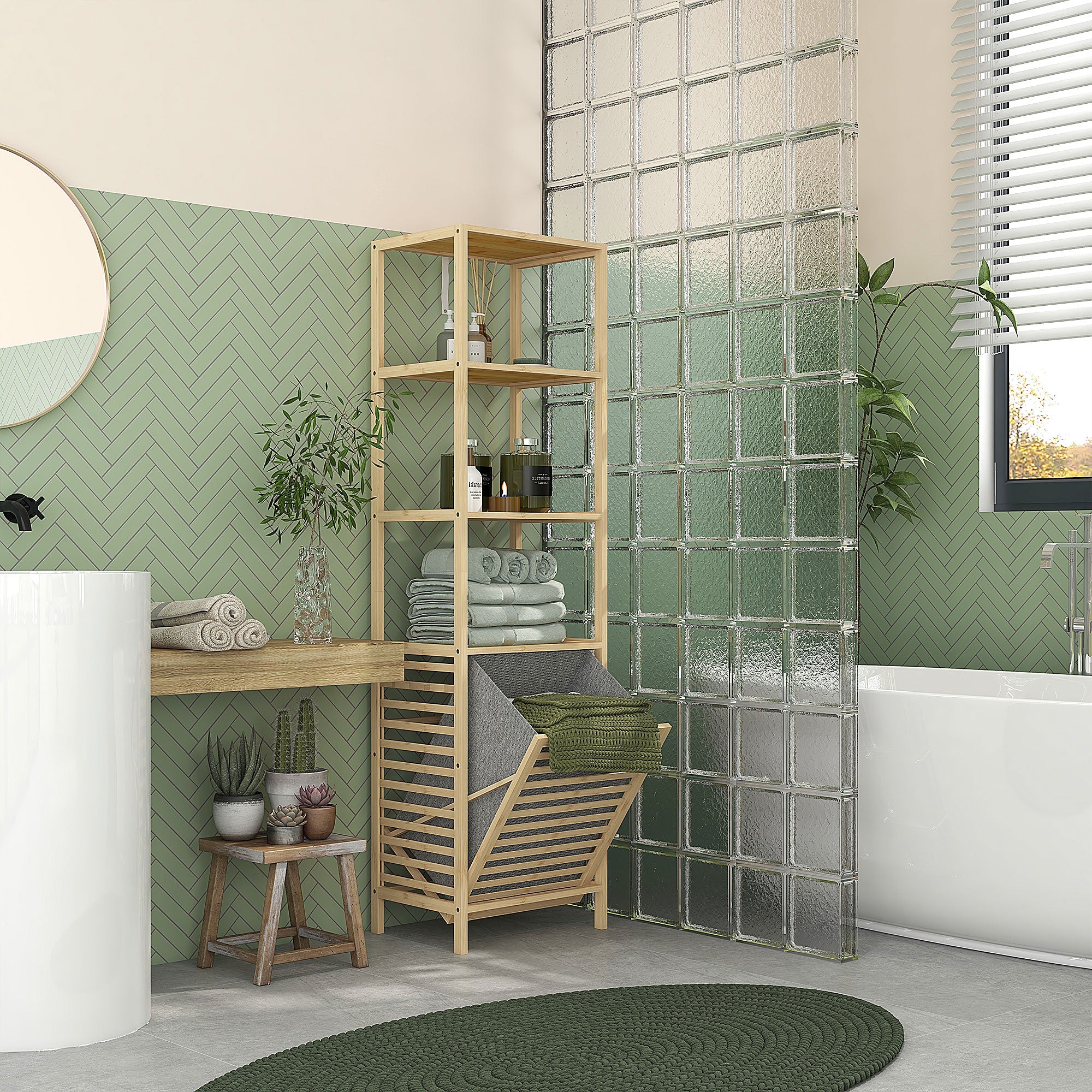 EasyComfort Colonna Bagno badkamerkolom met 3 planken en wasmand, 44x33x160 cm